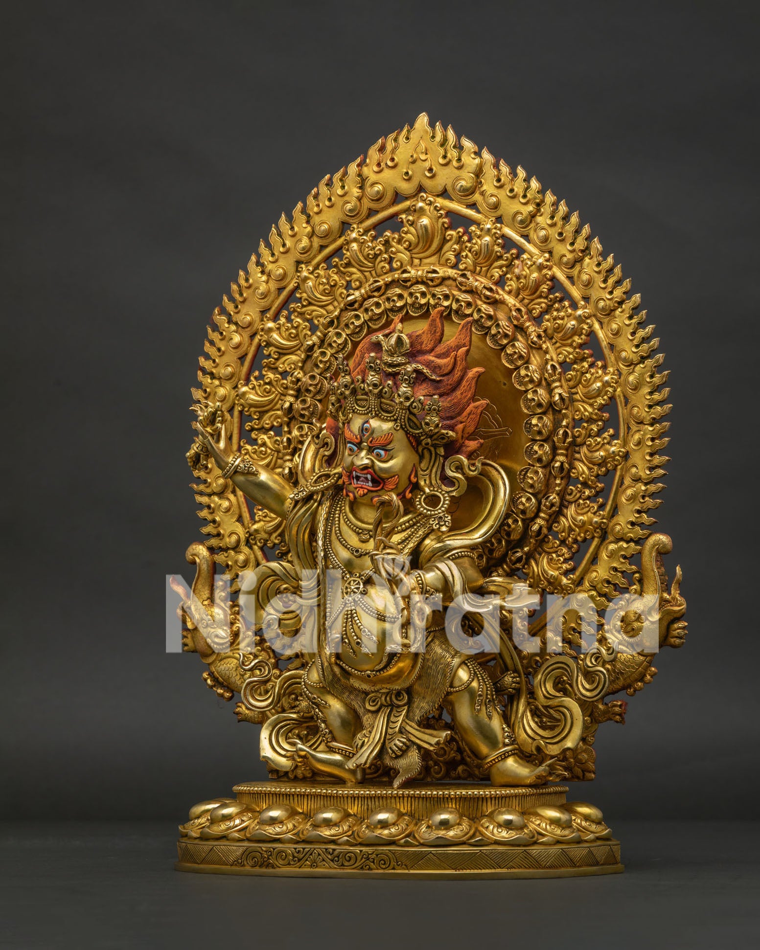 Vajrapani Statue gold fire gilded copper sculpture left view side
