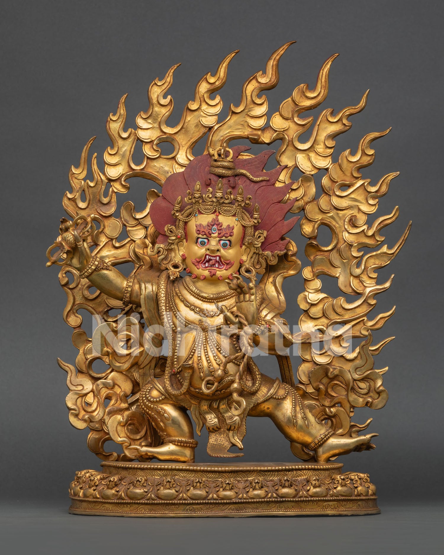Vajrapani Statue, handcrafted from copper with 24K gold fire gilded finish and semi precious stone details from Nepal