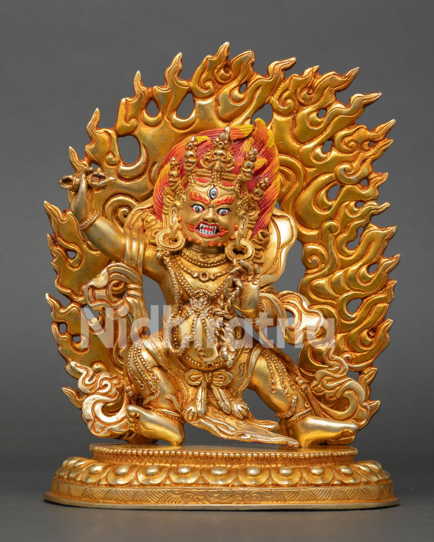vajrapani statue handcrafted in nepal with gold fire gilding and sacred buddhist symbolism