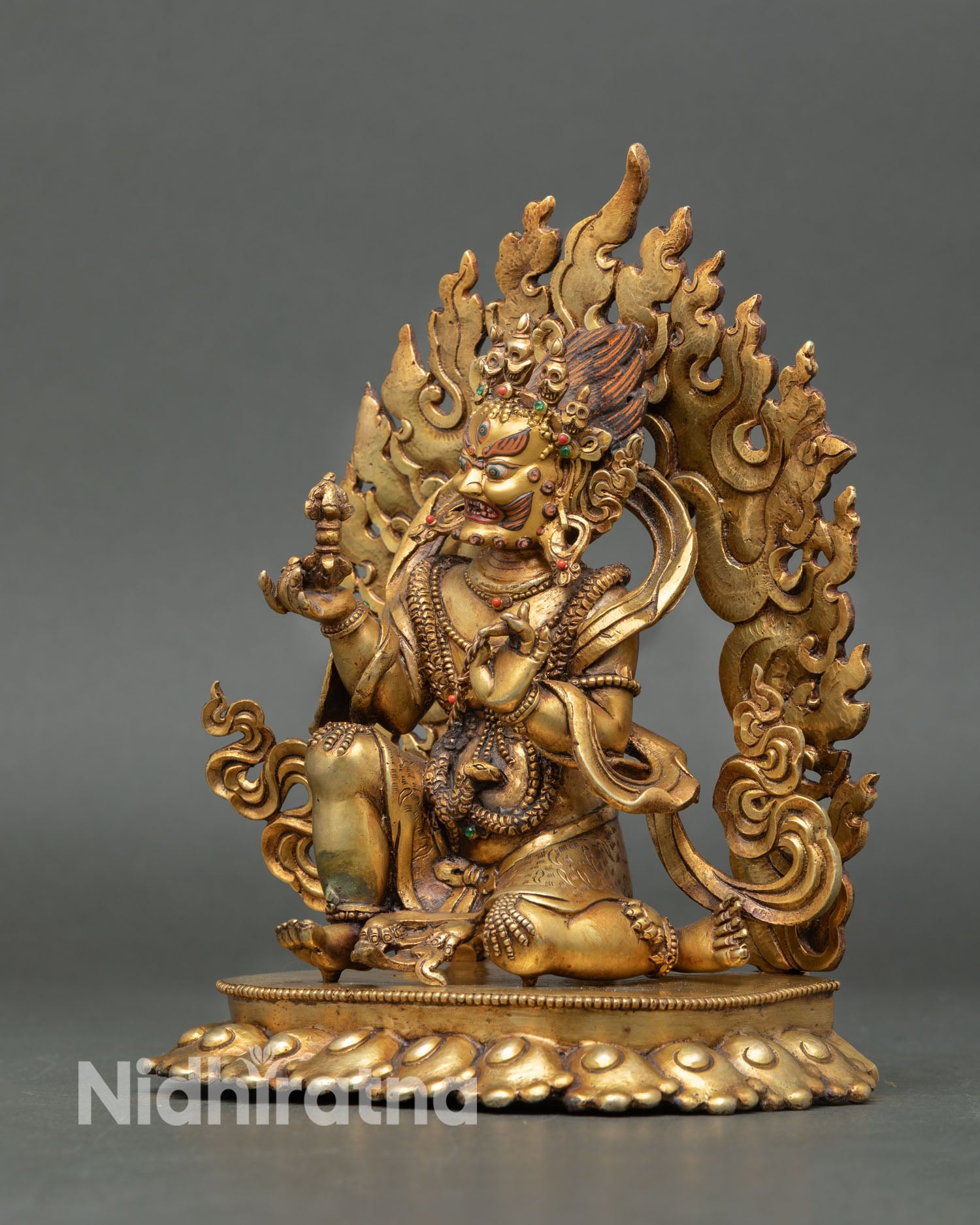 Vajrapani statue left profile view handcrafted Himalayan wrathful protector bronze finish art
