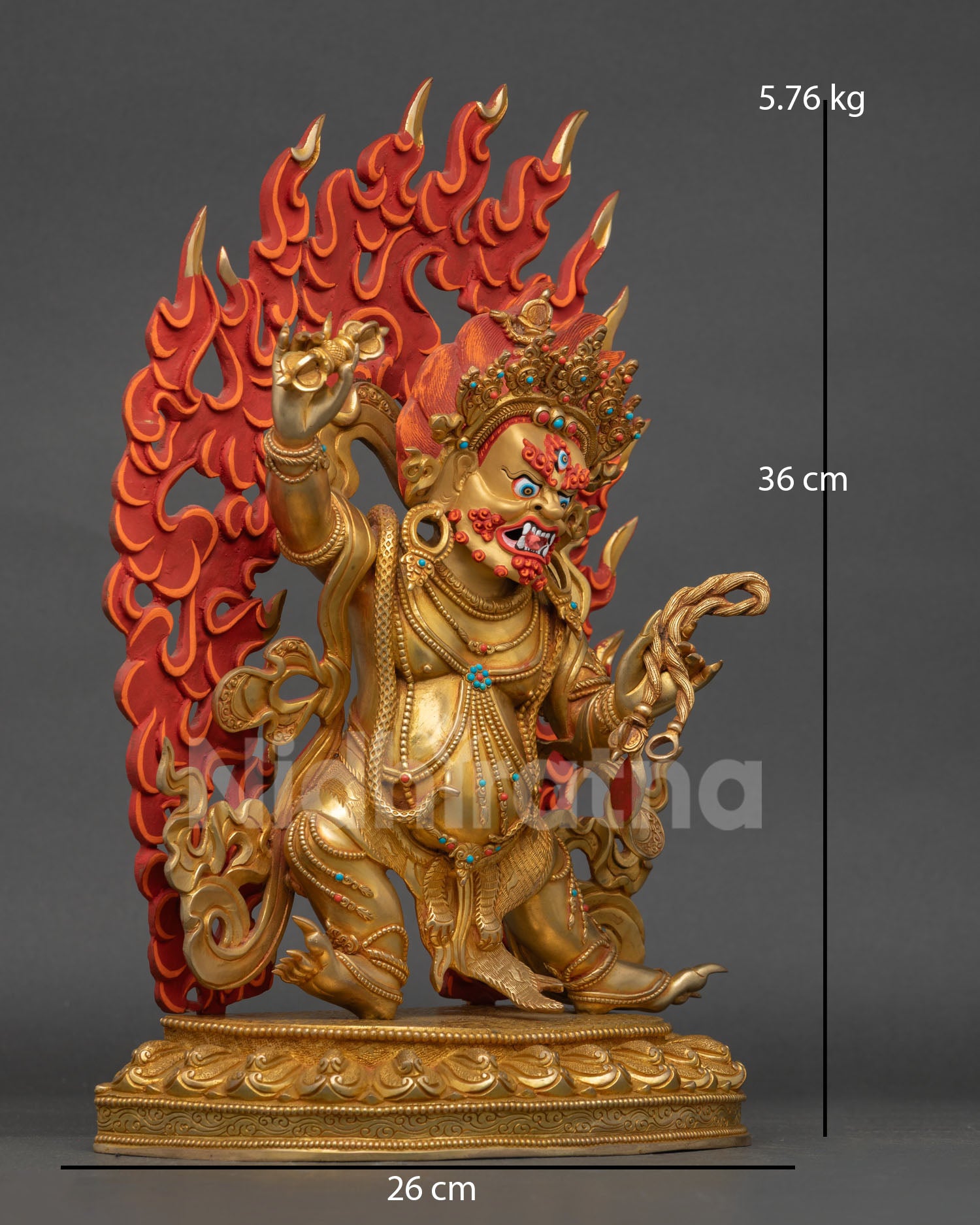 vajrapani statue right side view, dynamic vajra wielding pose with ornate flaming aureole backdrop