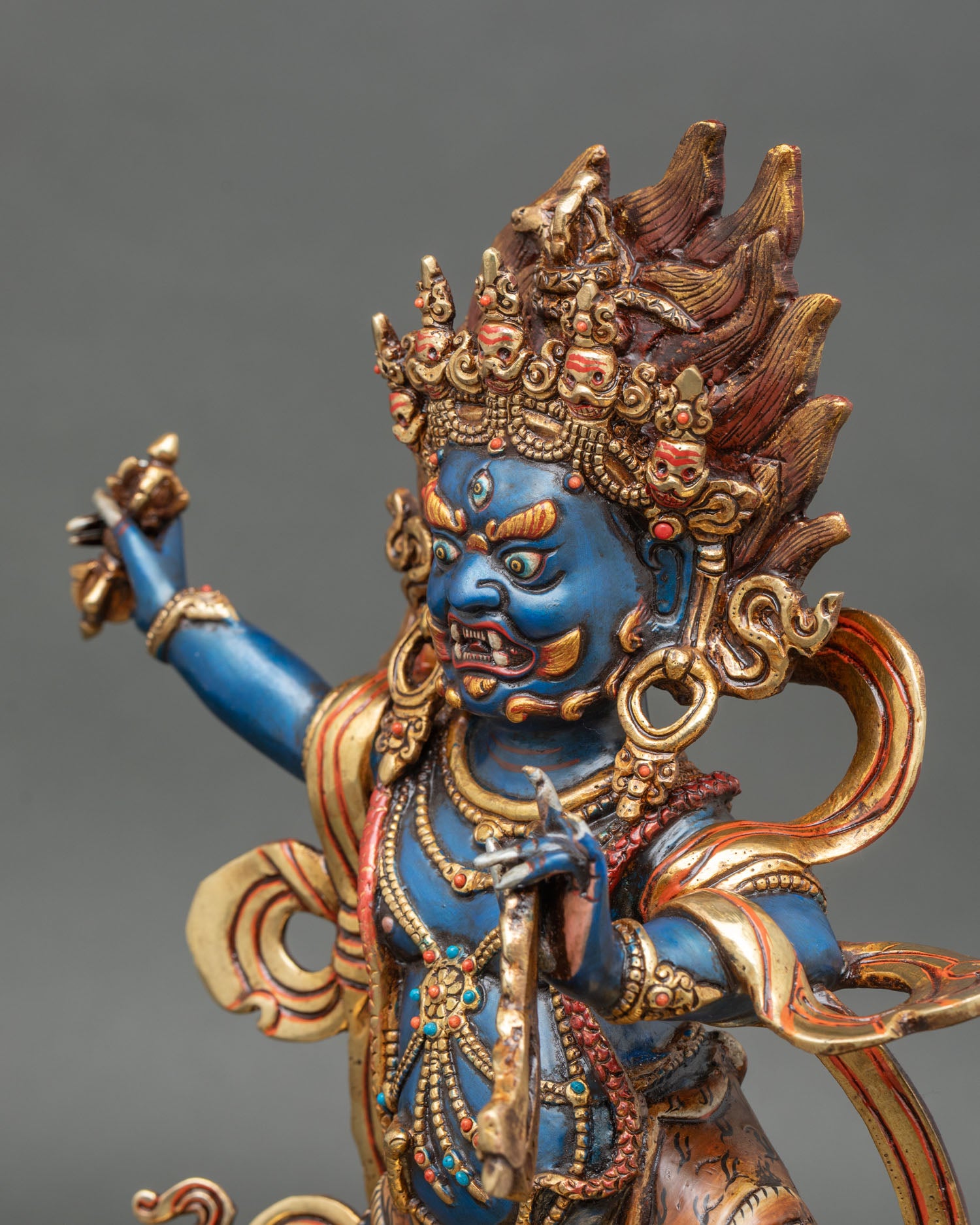 vajrapani statue side detail close up lotus base ornaments copper nepal