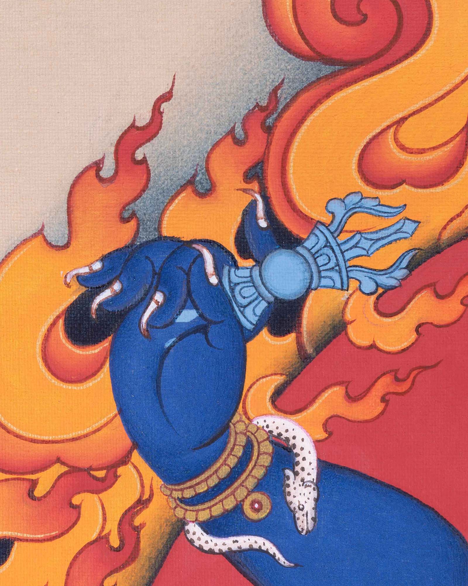 Vajrapani thangka print detail - hand raising vajra amid blazing flames
