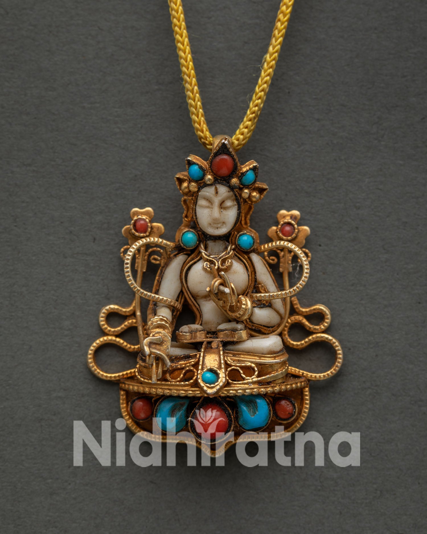 Vajrasattva Buddha Locket with White Stone Body Turquoise Coral Inlays from Nepal