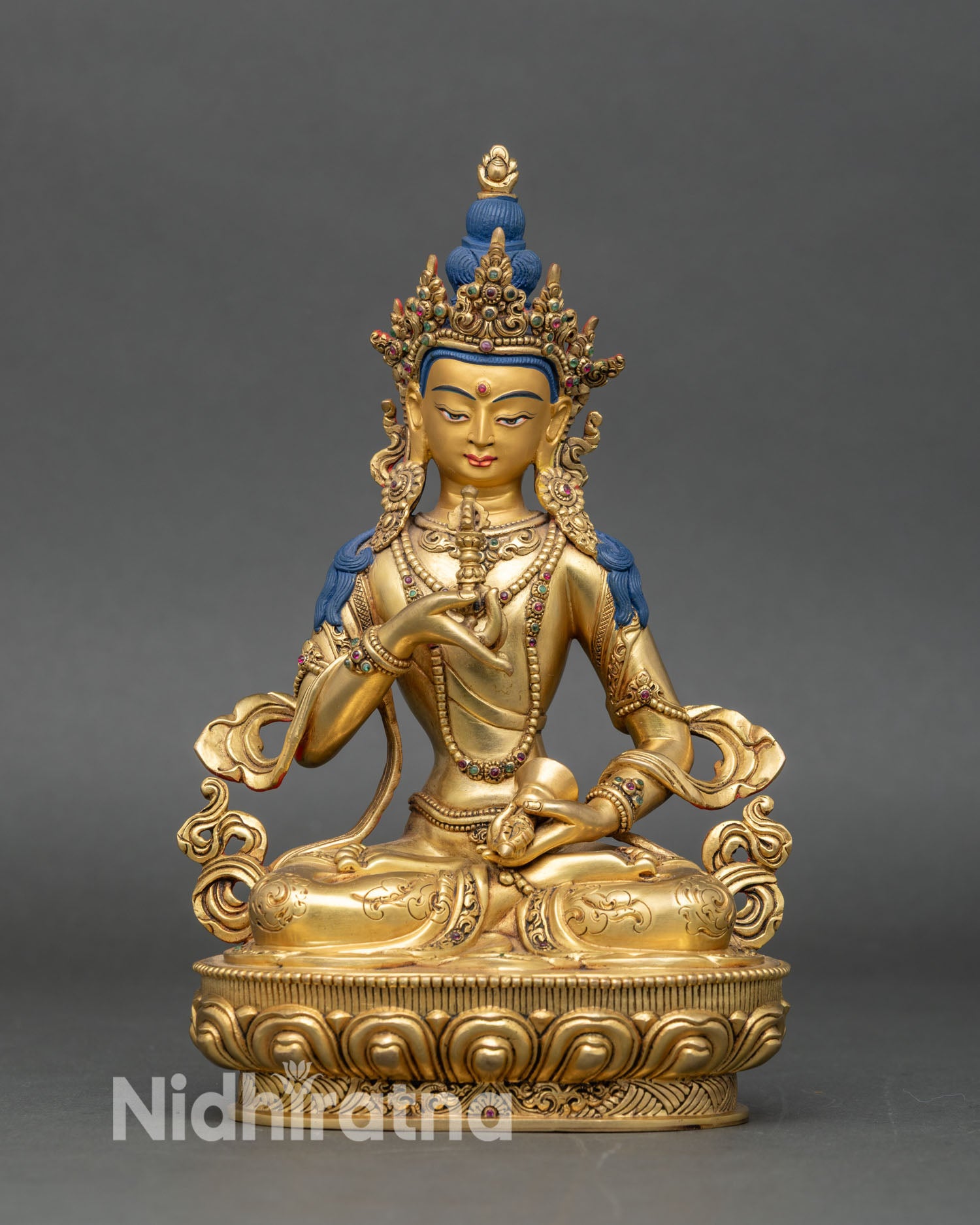 Vajrasattva Dorje Sempa statue front view, 24K gold gilded Nepalese Buddhist sculpture