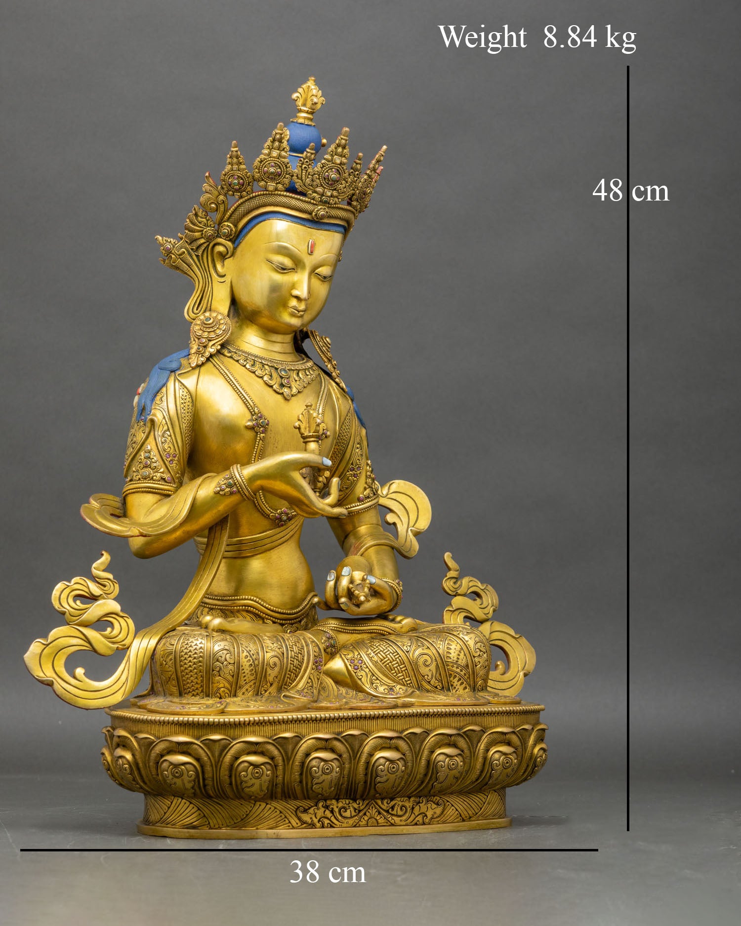 Right side view of Vajrasattva Dorje Sempa statue in royal ease posture with vajra and ghanta