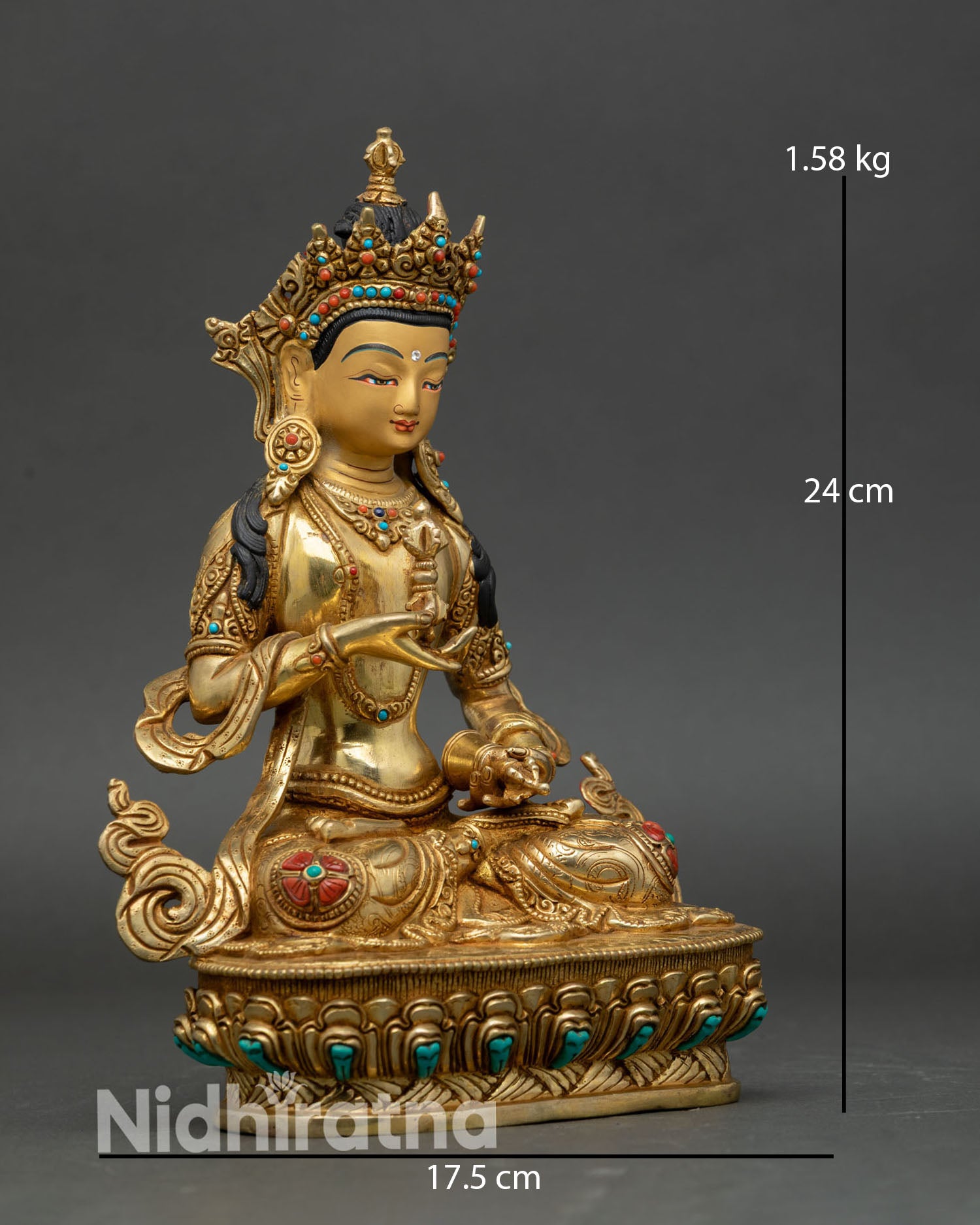 Vajrasattva side view seated lotus posture holding vajra and bell gold gilded copper sculpture Nepal