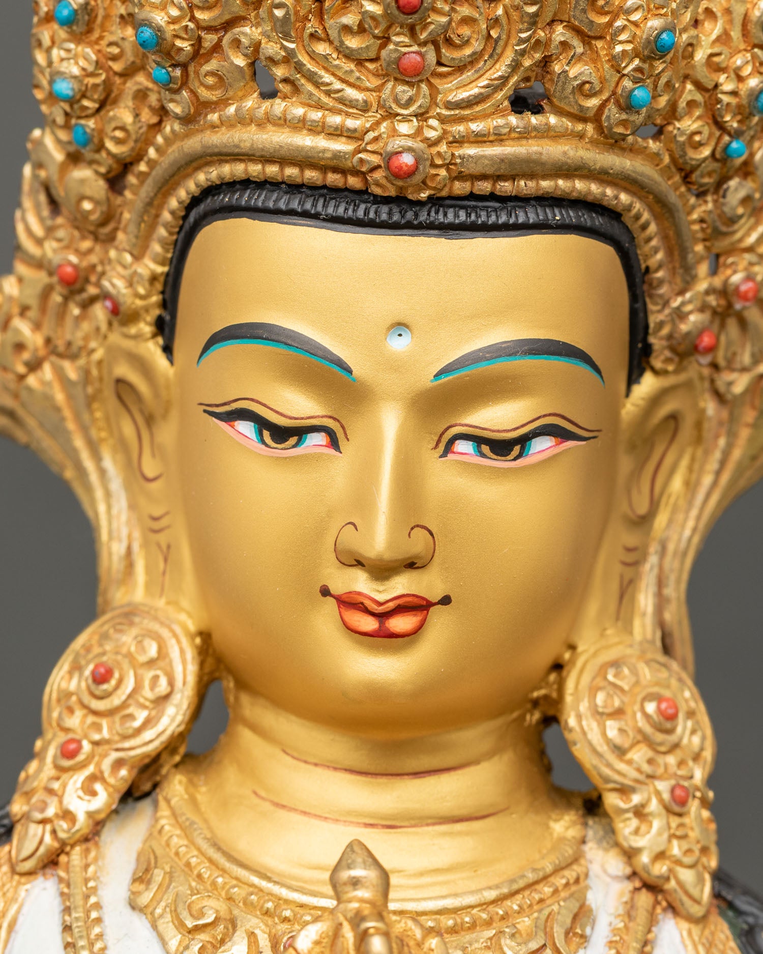 vajrasattva statue detailed close up face, vibrant acrylic colors and gold-gilded ornaments