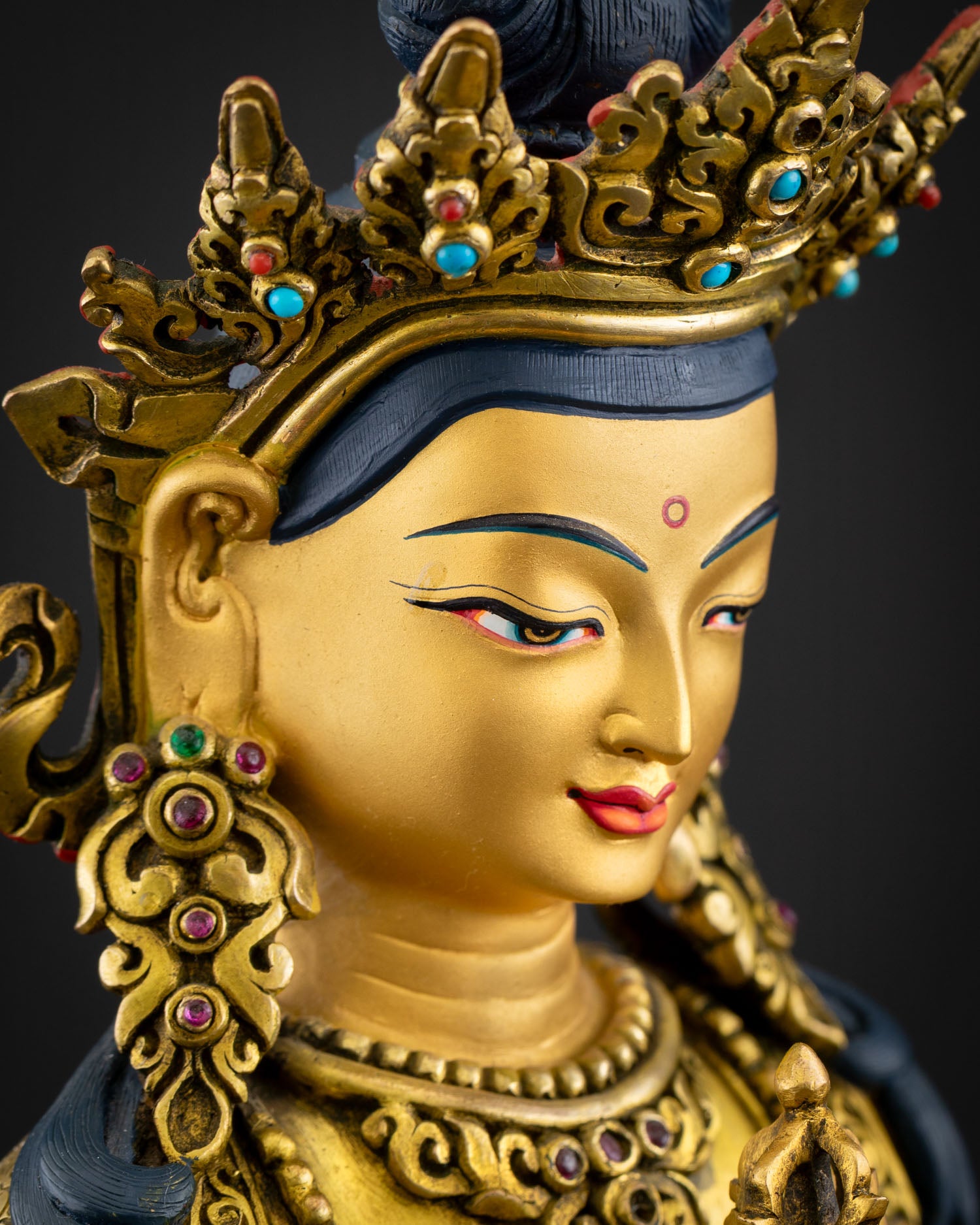 Vajrasattva Statue Detailed Side Close Up Face Serene Deity Expression Jeweled Crown
