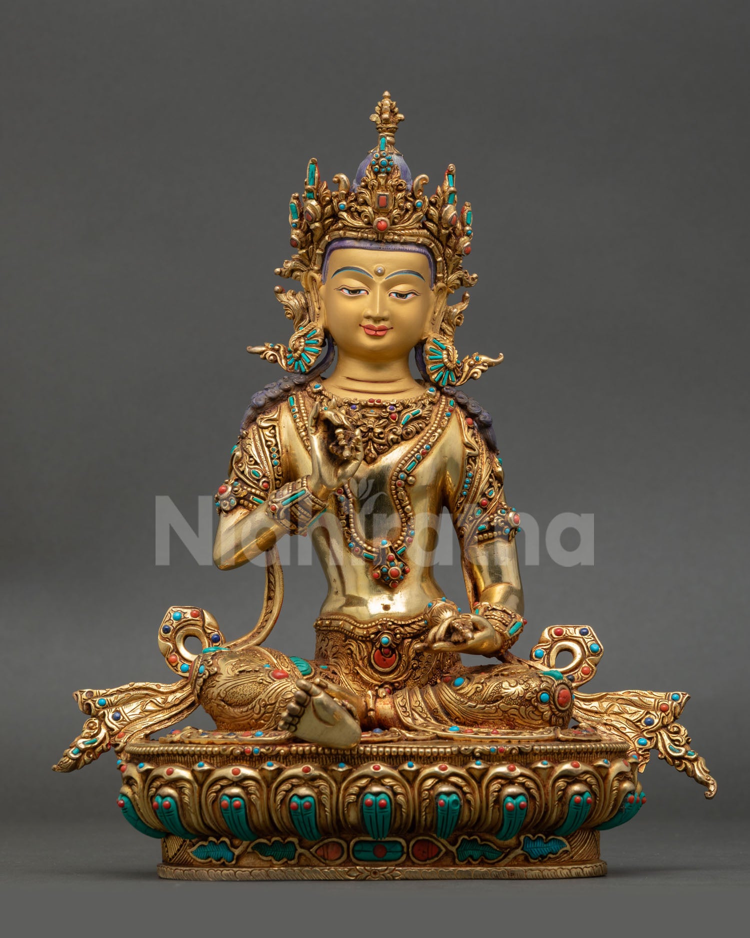 Vajrasattva Statue Front View Gold Fire Gilded Vajrayana Buddhist Art Nepal