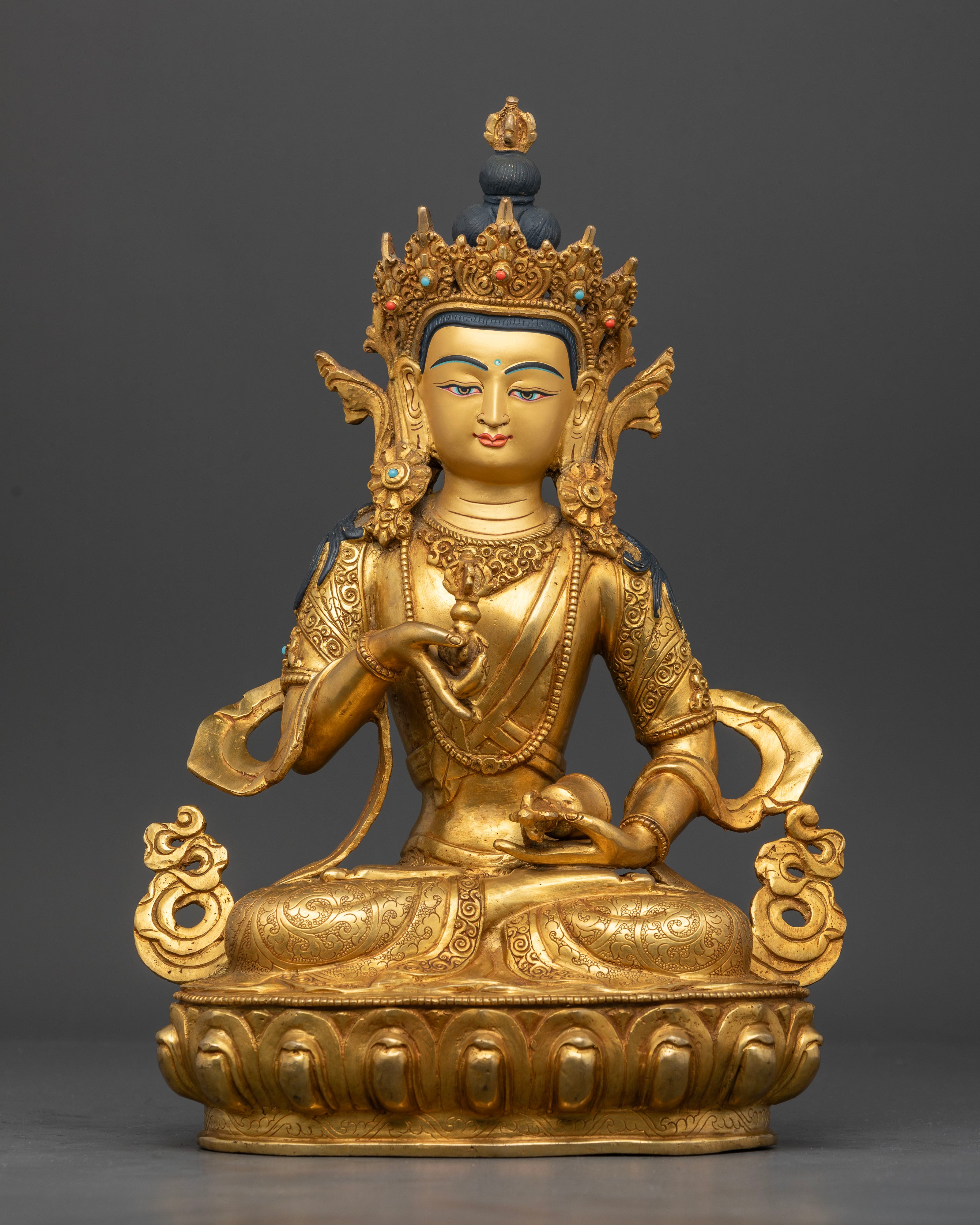 vajrasattva statue front view gold gilded copper buddhist sculpture from nepal
