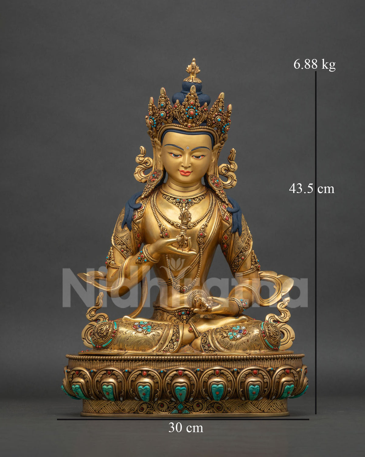 Vajrasattva statue front view, handcrafted 24K gold fire-gilded copper sculpture from Nepal
