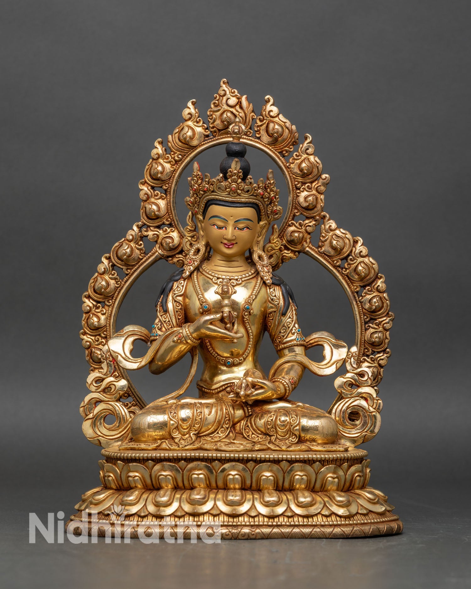Vajrasattva statue front view, handcrafted Nepalese gold-gilded copper