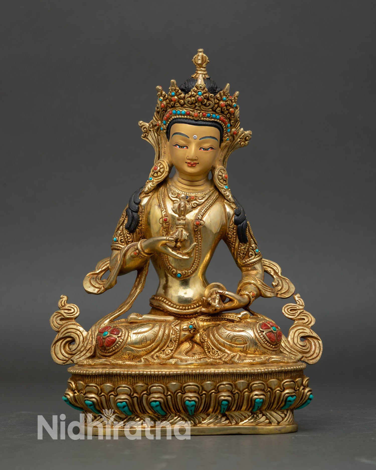 Vajrasattva statue front view handmade Nepal copper 24K gold fire gilded purification deity