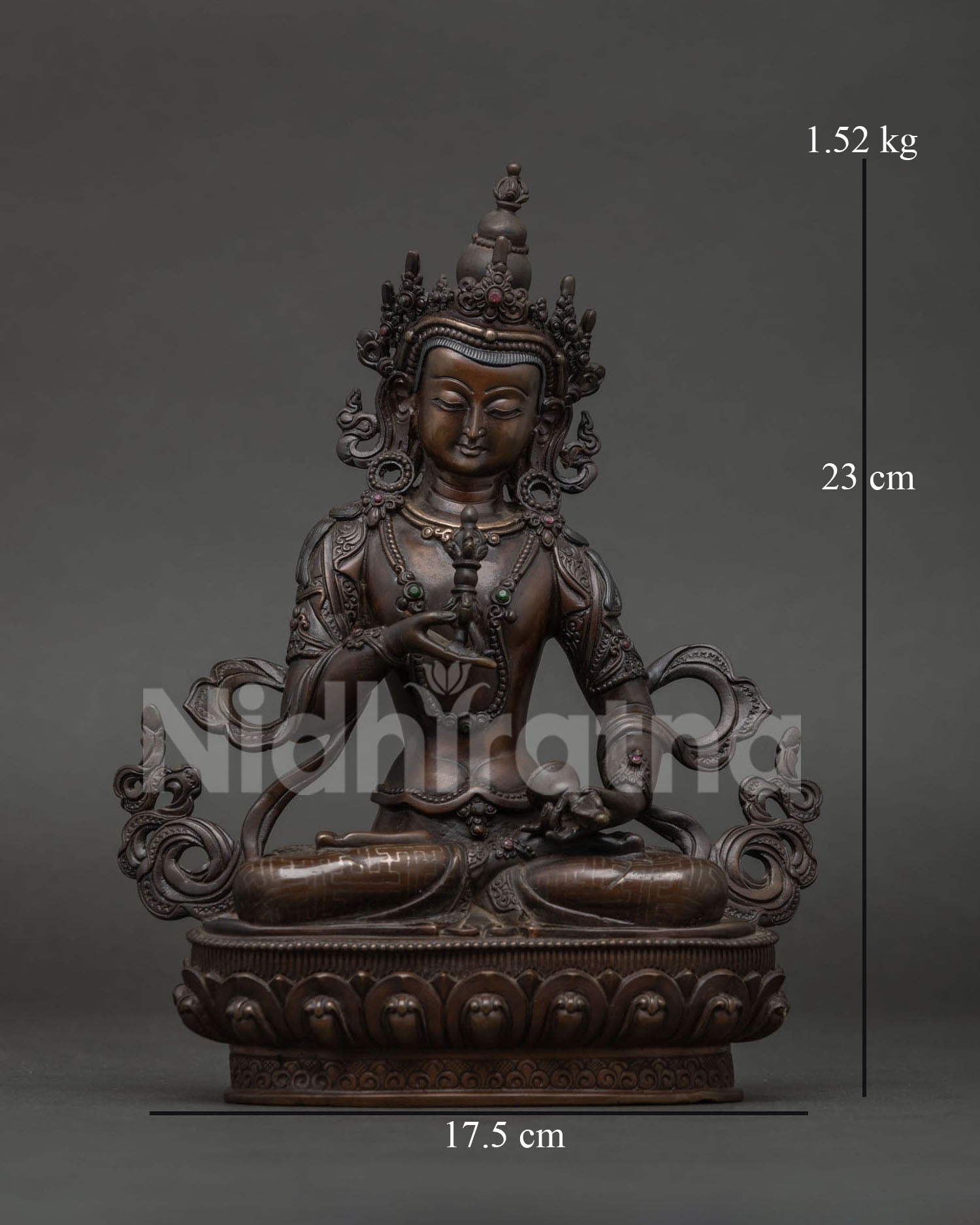 Vajrasattva statue handcrafted by Newari artist in Patan Nepal with oxidized copper finish.