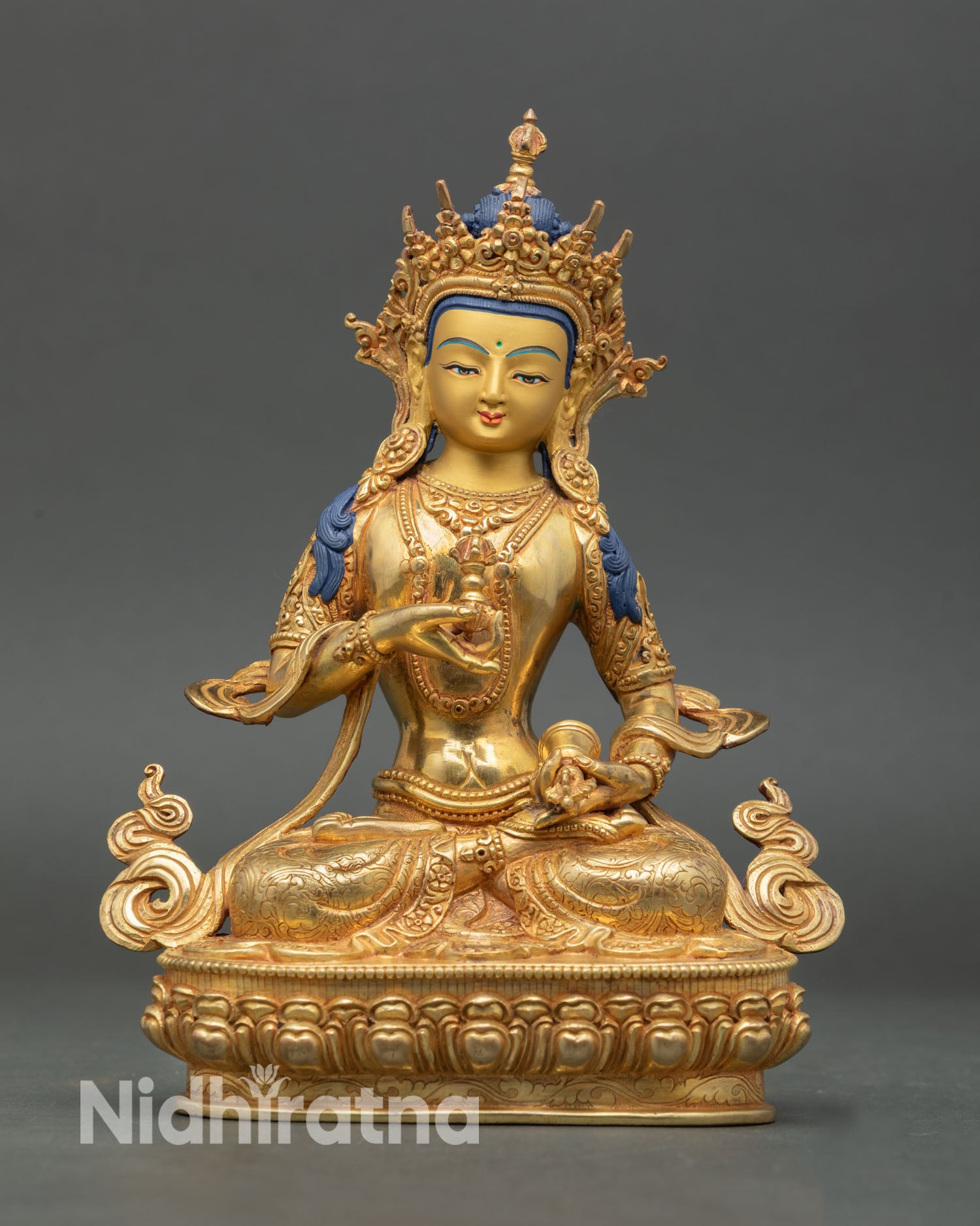 Vajrasattva statue handcrafted nepal front view copper 24k gold gilded lotus pedestal
