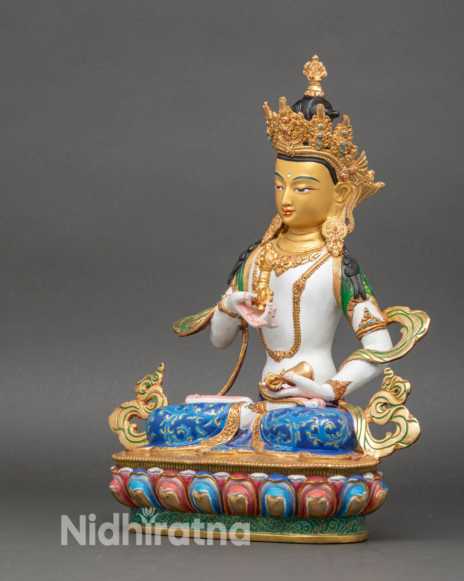 vajrasattva statue left side view, colorful acrylic and gold details, holding longevity vase