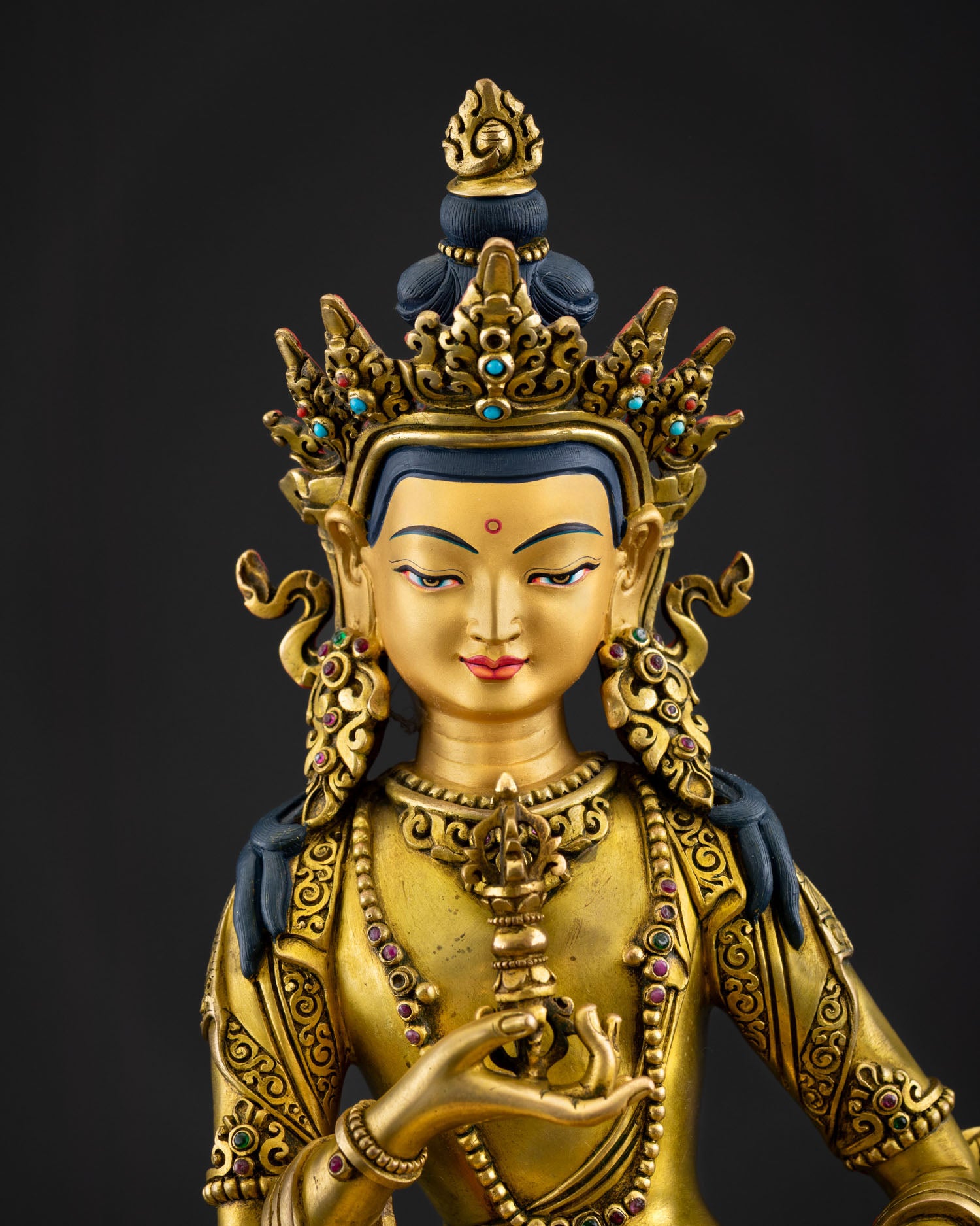 Vajrasattva Statue Regular Close Up Nepal Handcrafted Copper Gold Fire Gilded Detail