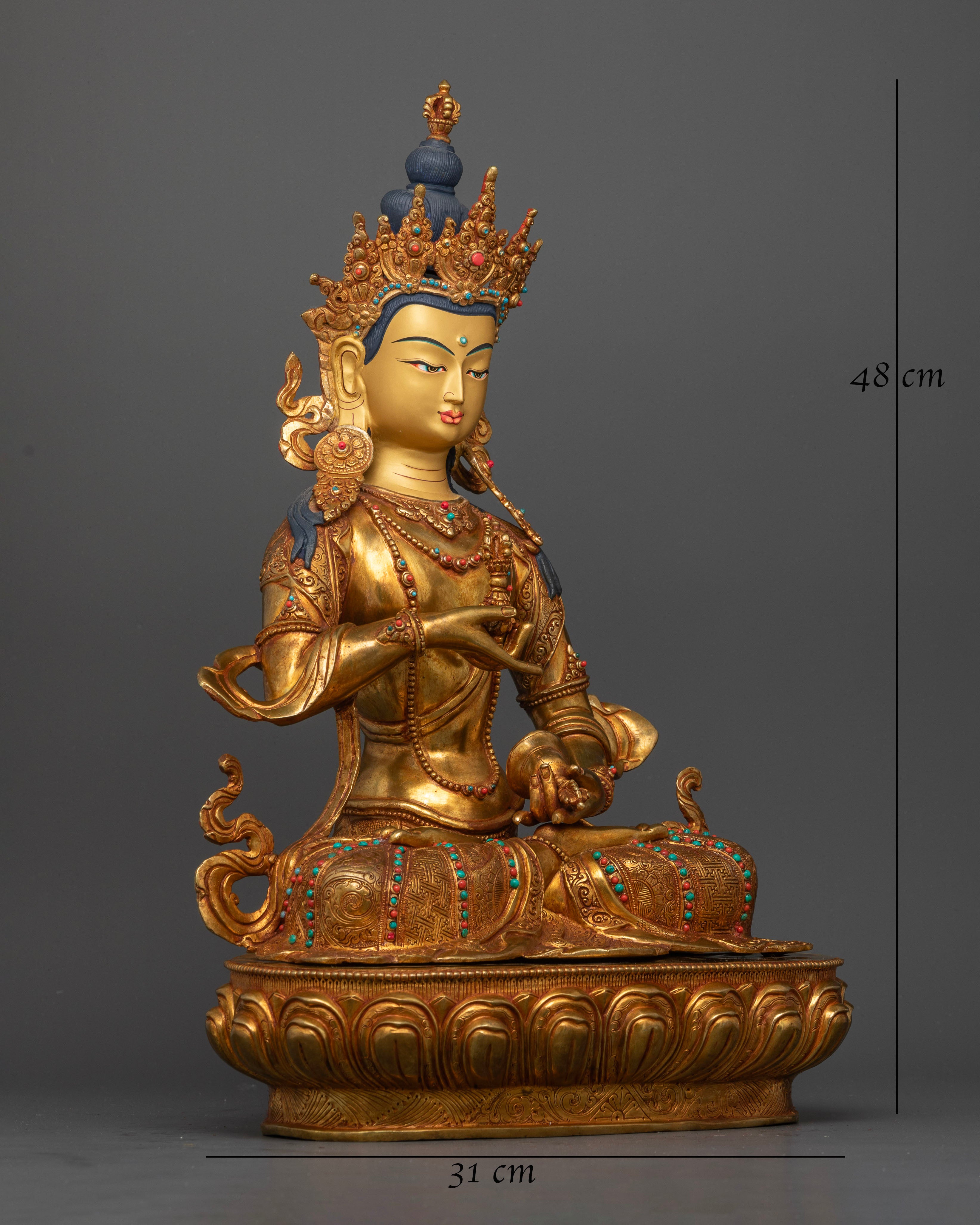 Vajrasattva Statue side view seated on lotus pedestal with traditional Newari craftsmanship