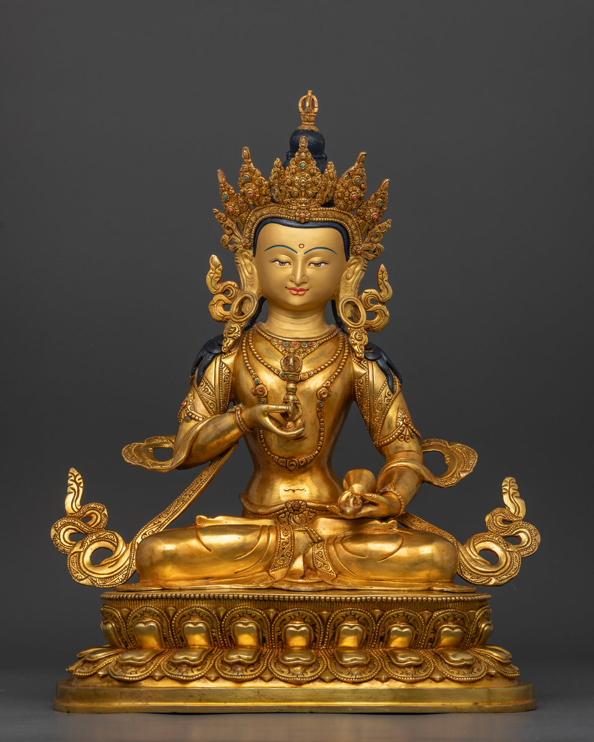 Vajrasattva statue with 24K gold fire gilding and gold-painted face from Nepal