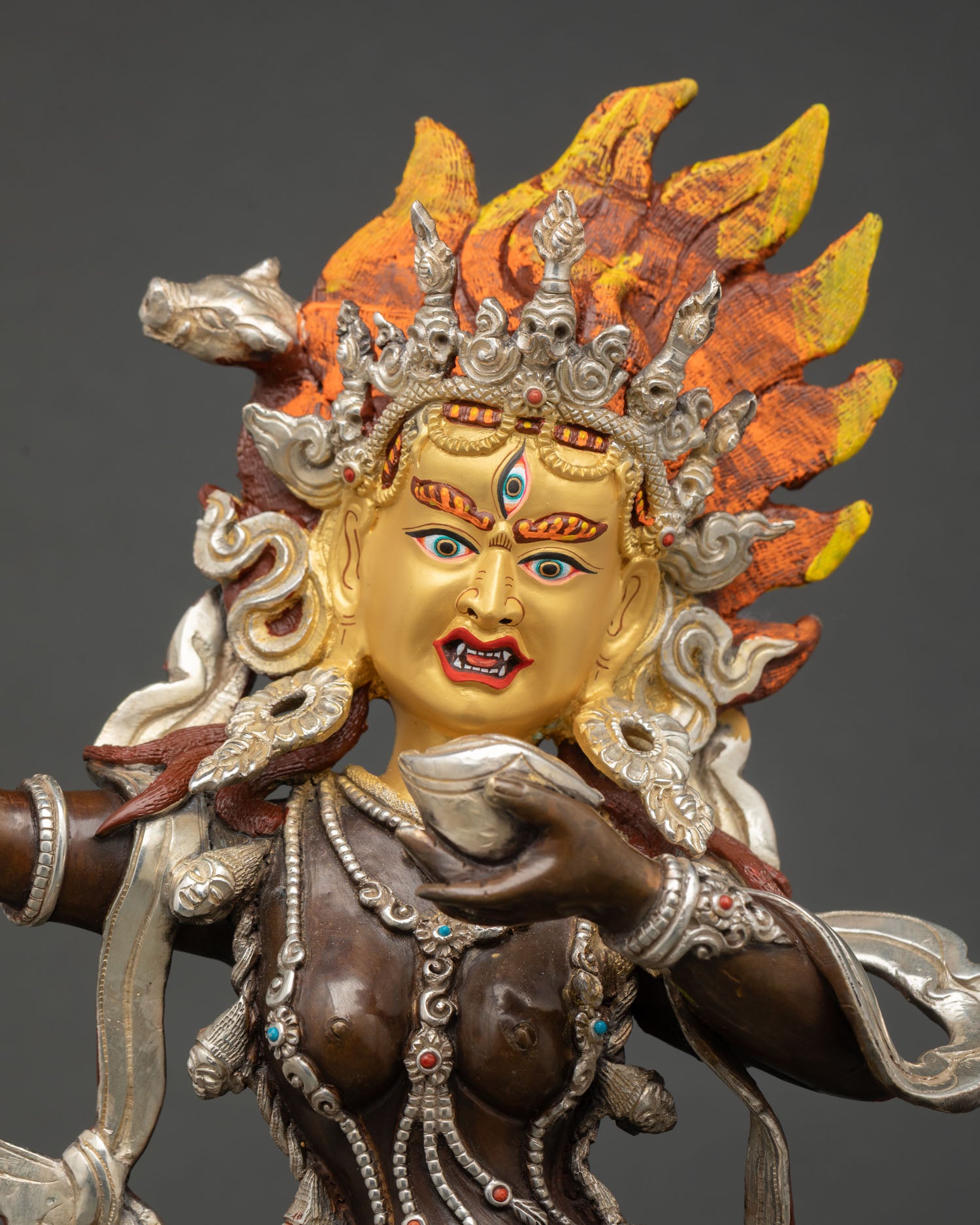 Vajravarahi Dorje Phagmo statue close up oxidized copper silver plated finish detailed Himalayan tantric sculpture
