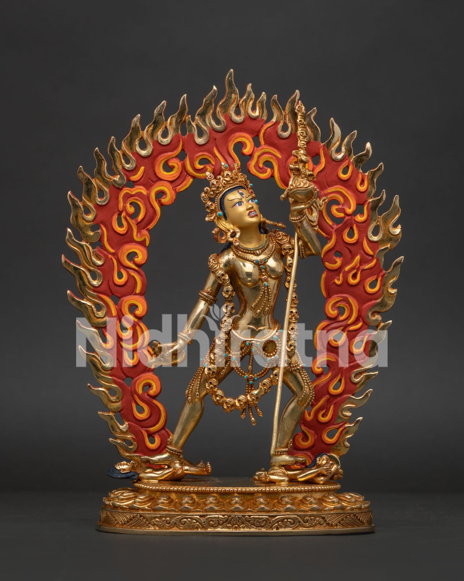 Vajrayogini Statue 24K Gold Fire Gilded Copper with Blazing Halo Front View.