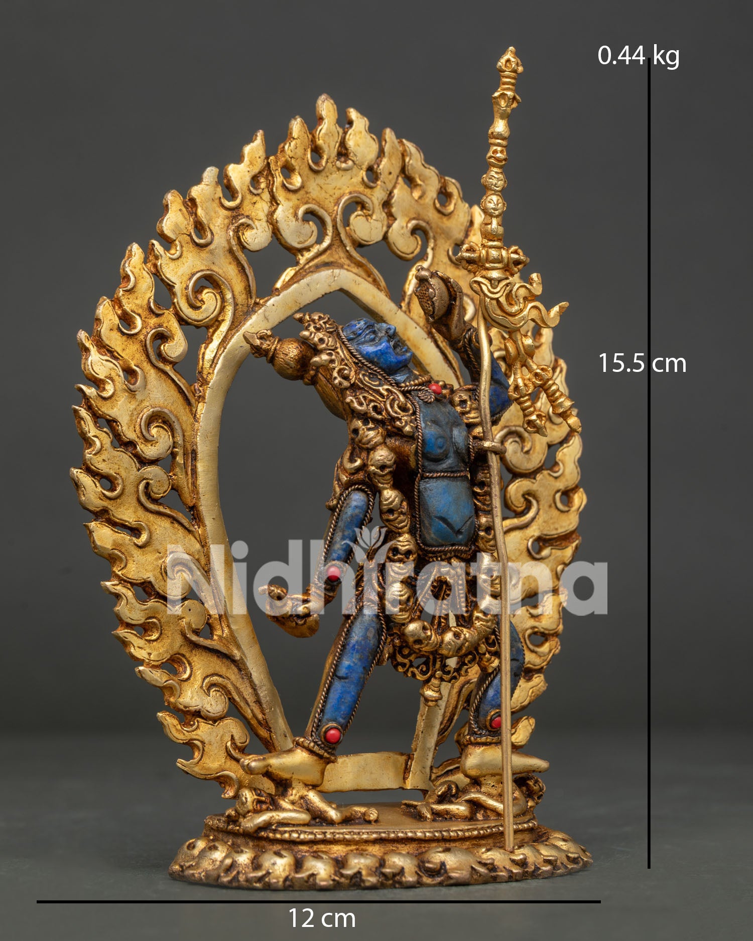 Vajrayogini Statue side view displaying dancing posture, khatvanga staff, curved knife, and wisdom flames