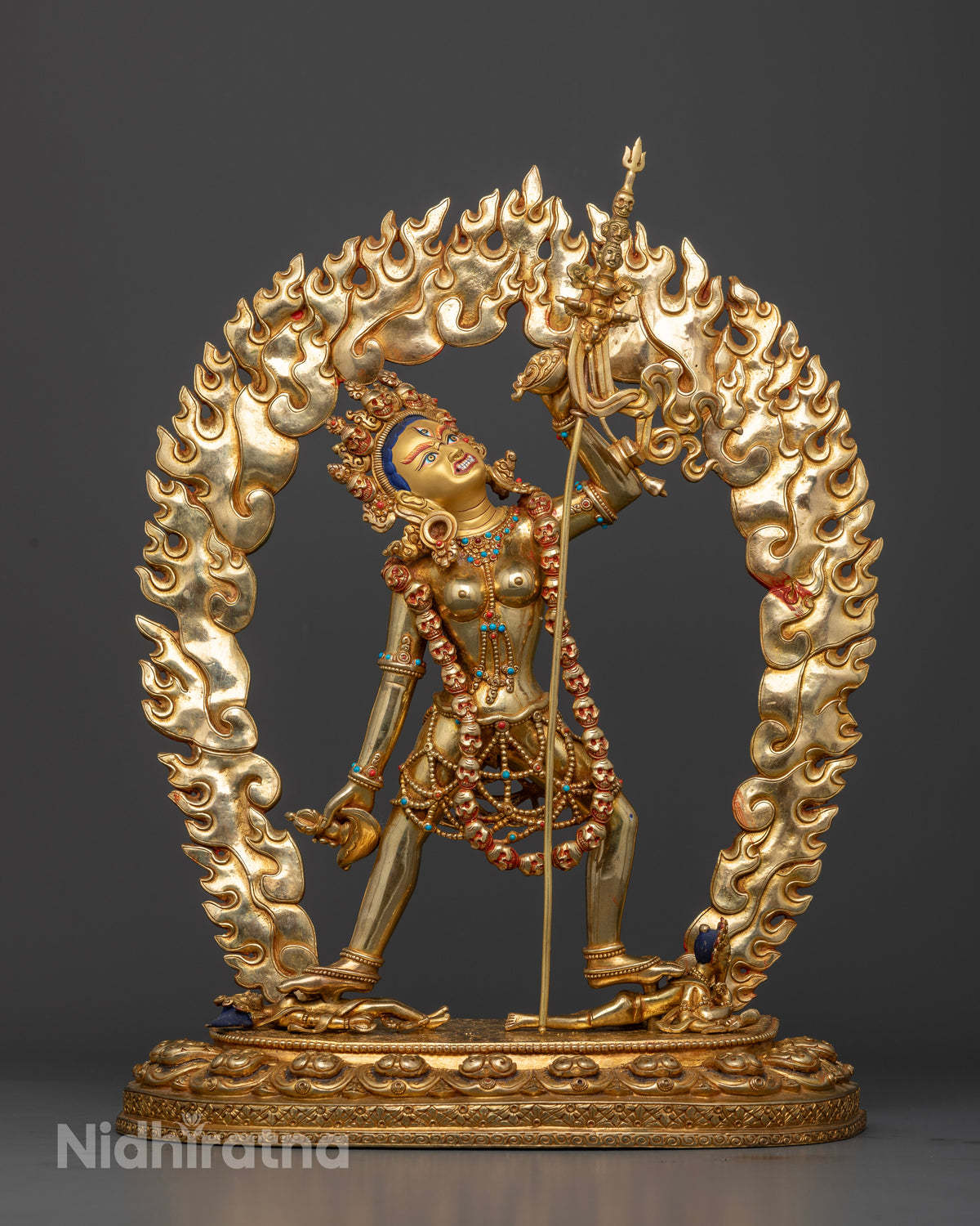 Vajrayogini Statue handcrafted from copper with 24K gold fire gilding and semi-precious