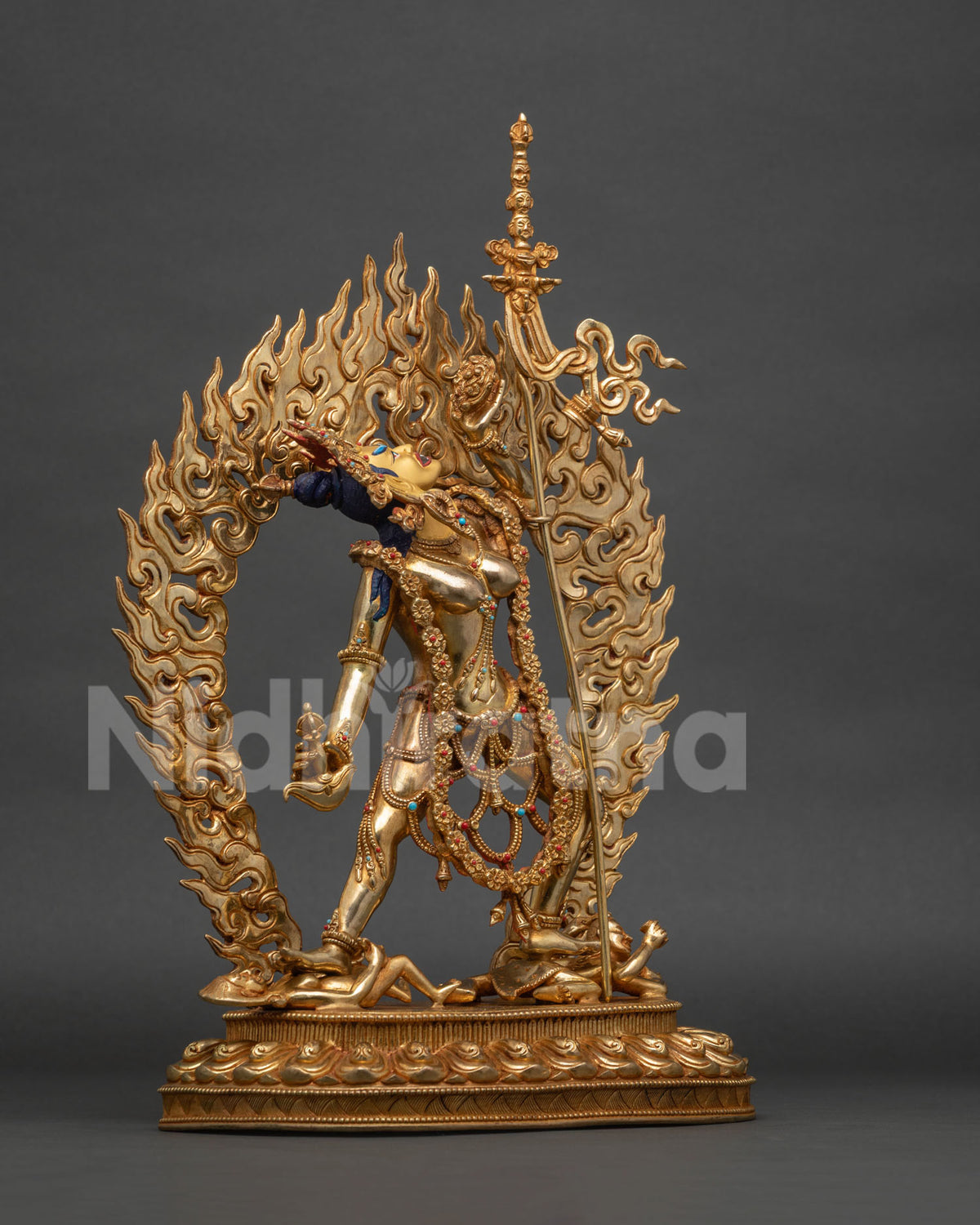 Vajrayogini statue in fire-gilded 24K gold copper with blazing flame halo