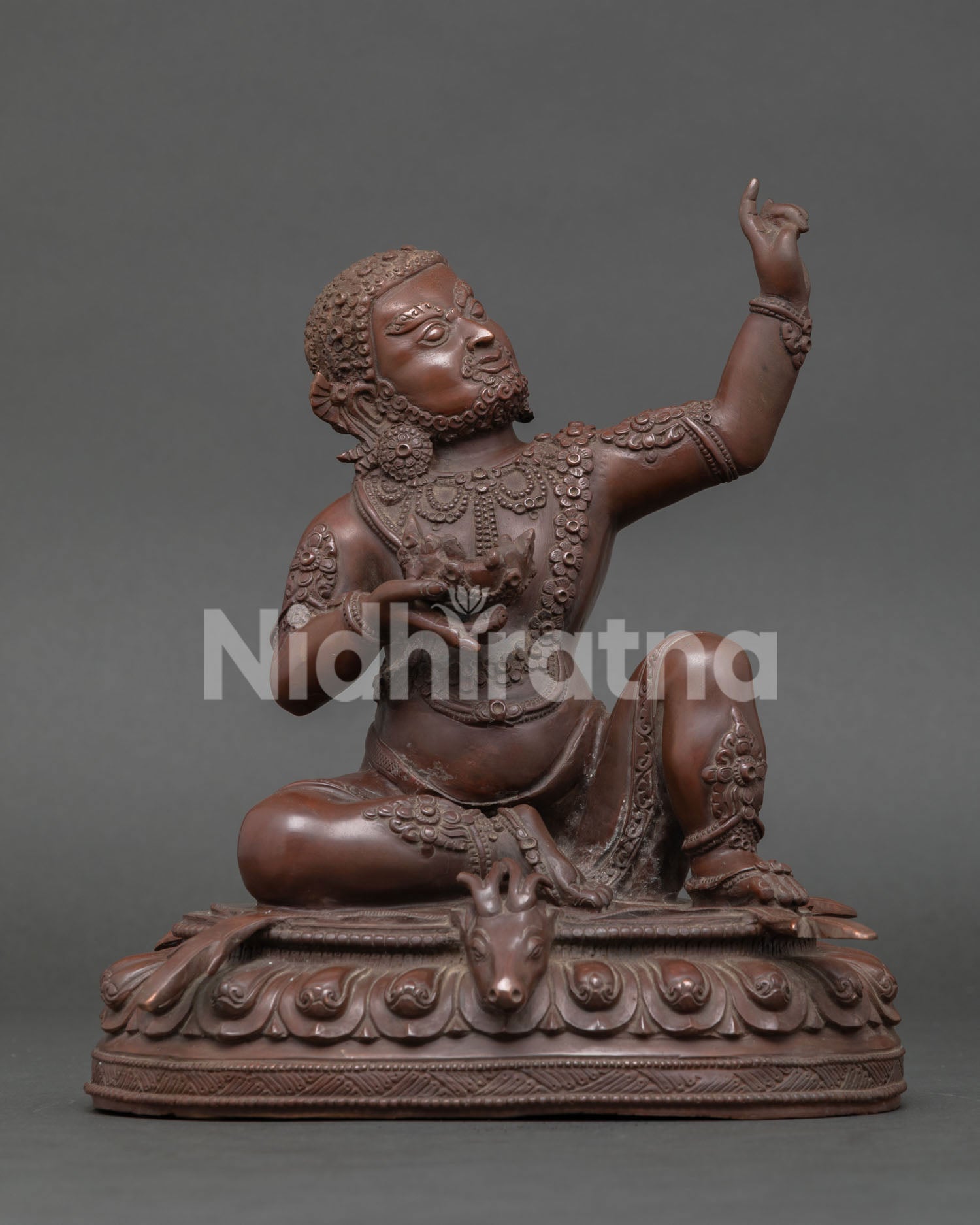Virupa statue, handmade in Nepal with oxidized copper finish and sacred Mahasiddha Buddhist details