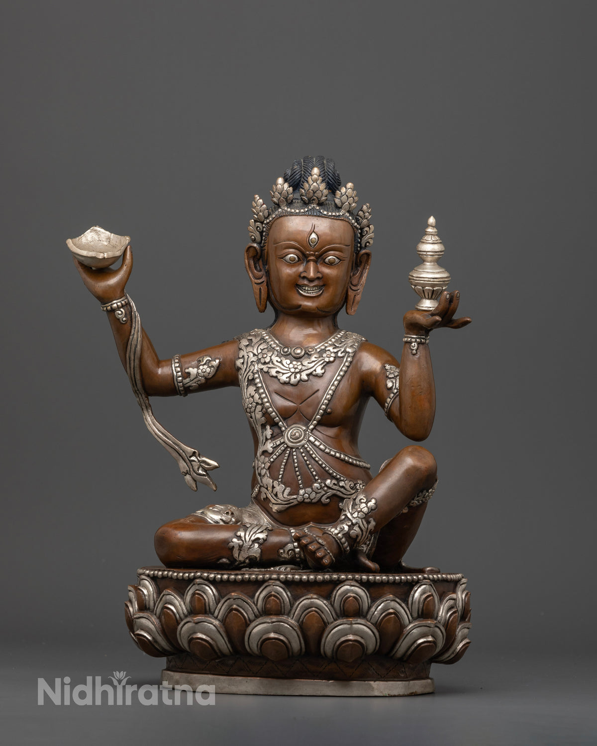 Virupaksha statue with oxidized copper and silver plated finish on lotus pedestal