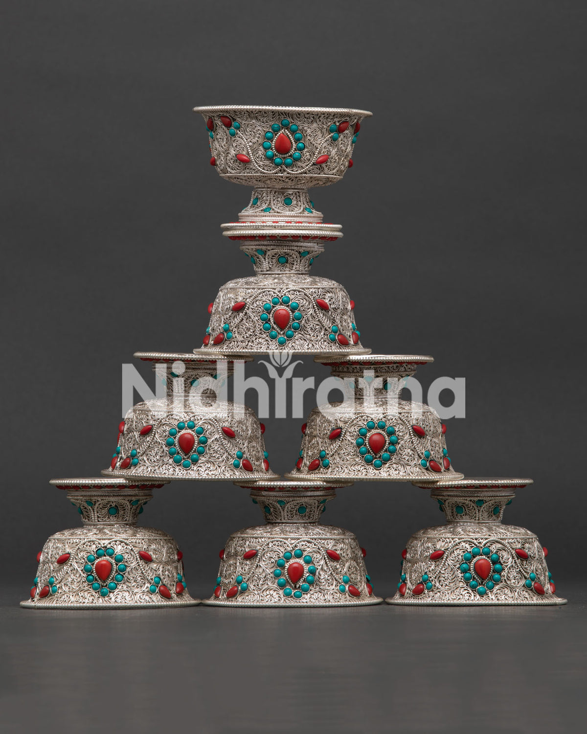 Water offering bowl set silver plated Nepalese Buddhist ritual bowls