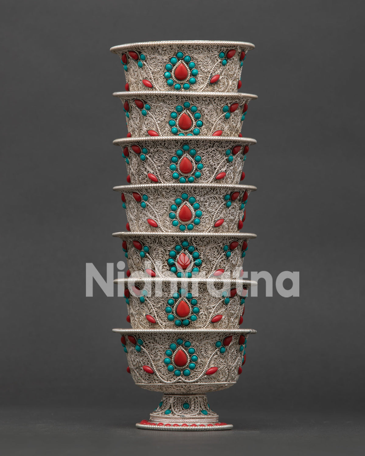 Water Offering bowl silver plated filigree Newari craftsmanship