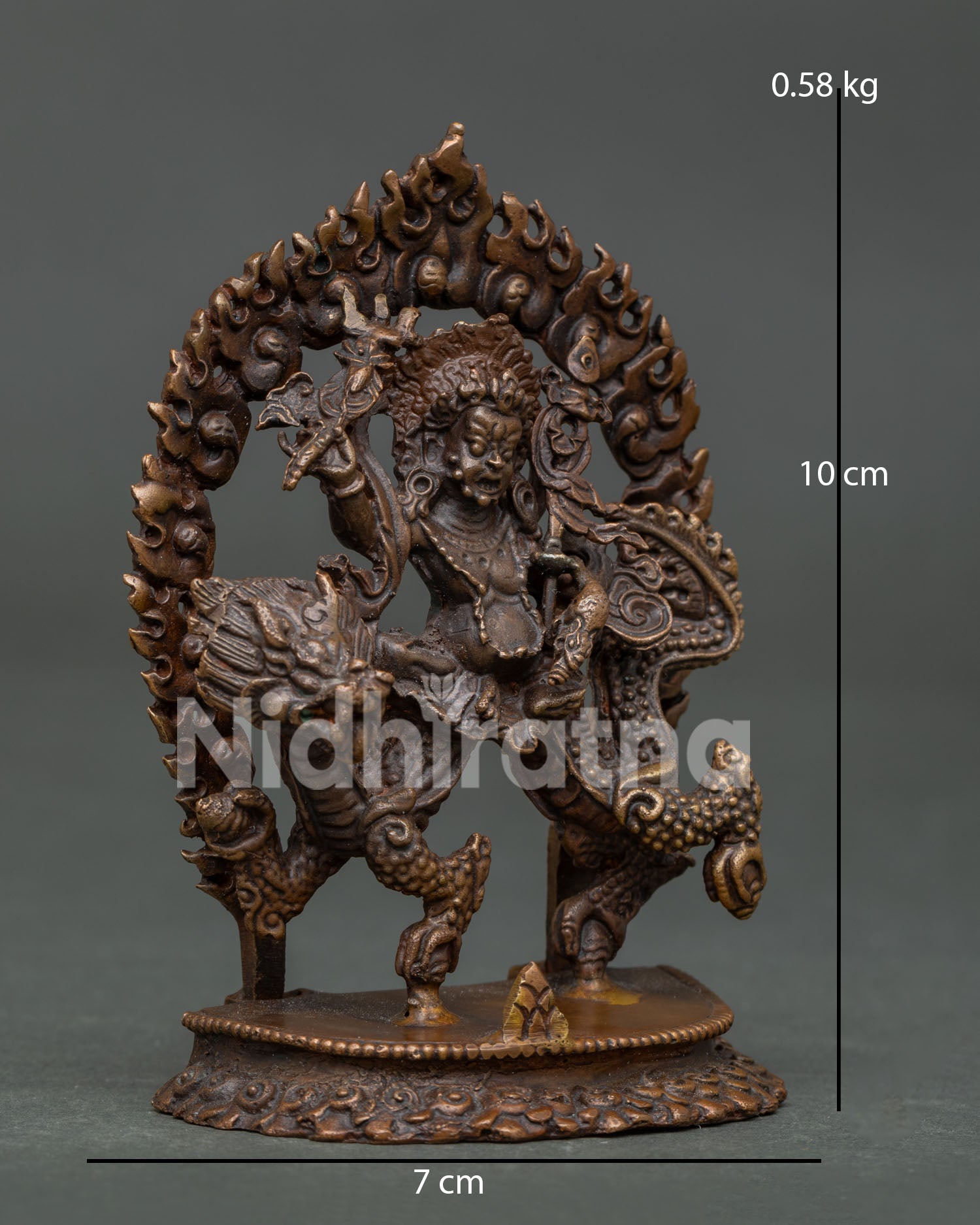 White Dzambhala seated on dragon with lotus pedestal and blazing halo.