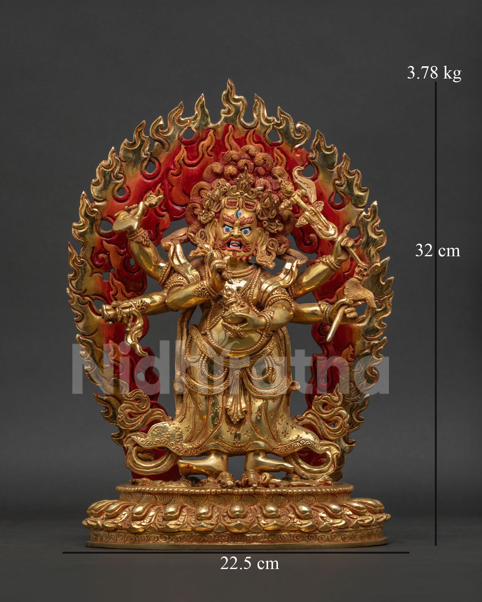 White Mahakala Statue front view, 24K gold gilded copper sculpture