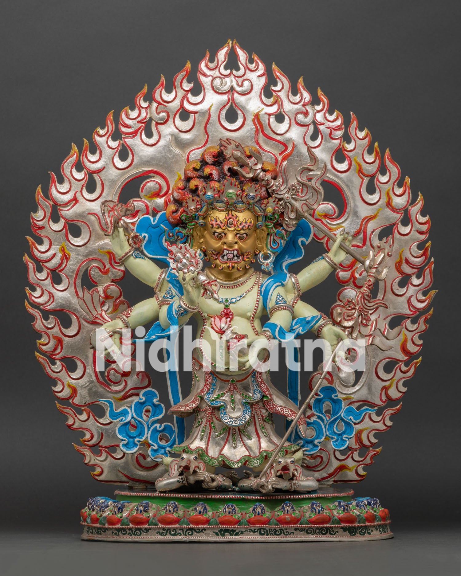 White Mahakala Statue Nepal β six-armed wealth guardian, silver halo, gold face, lotus base