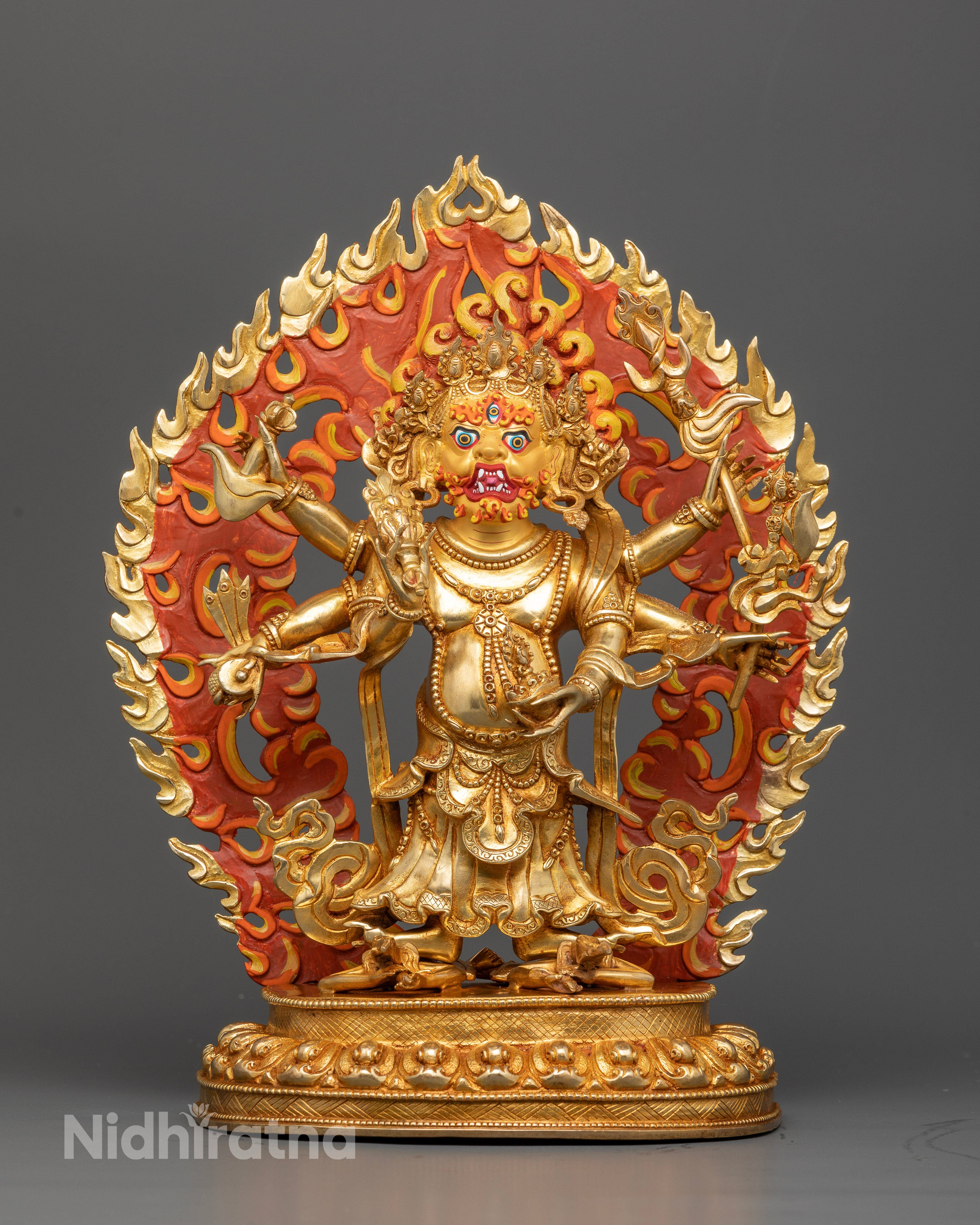 White Mahakala Statue with a 24K Gold-Gilded Wrathful Face and Grand Halo.