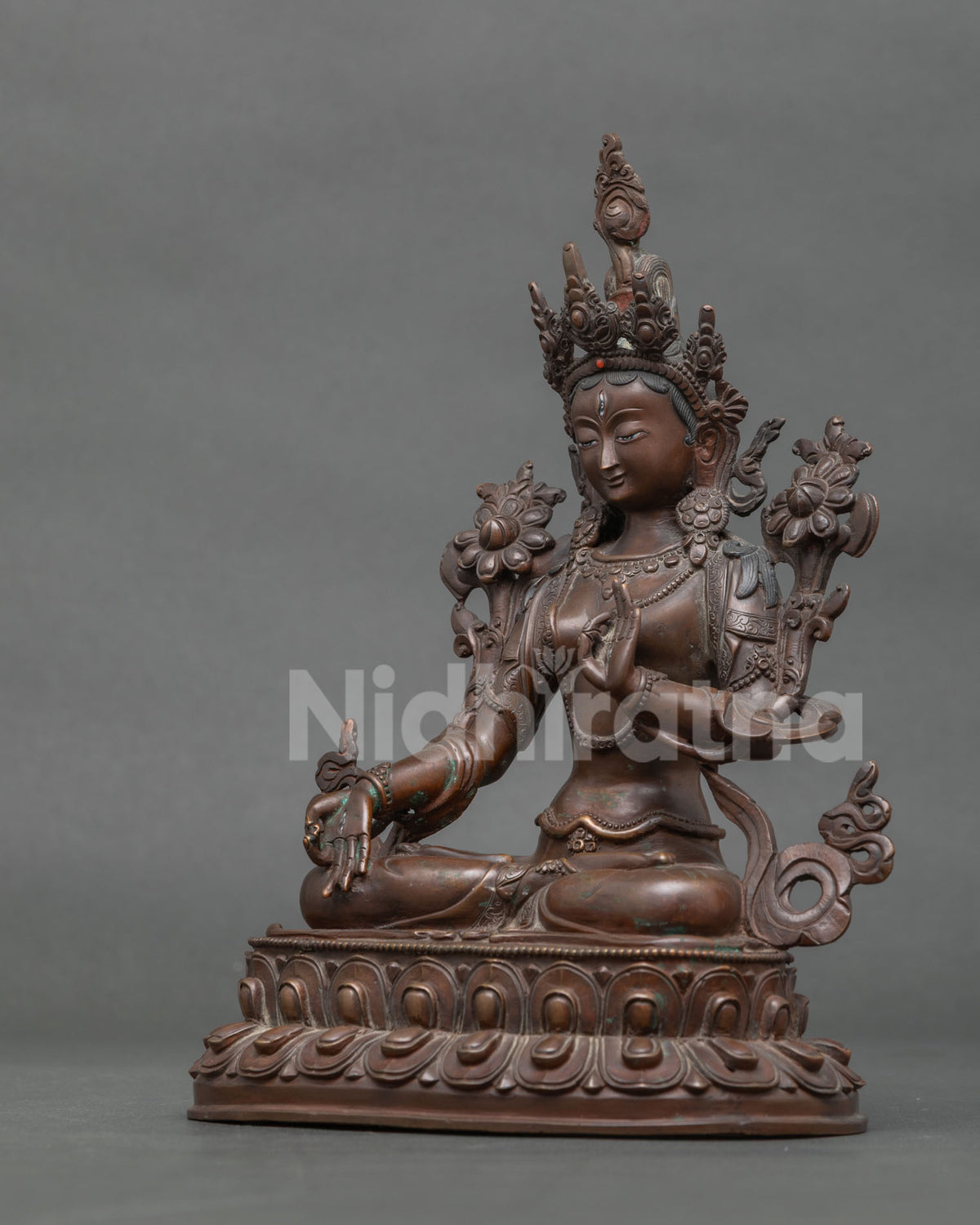 White Tara Buddhist Deity Chemically Oxidized Copper Hand Carved Double Lotus Pedestal.