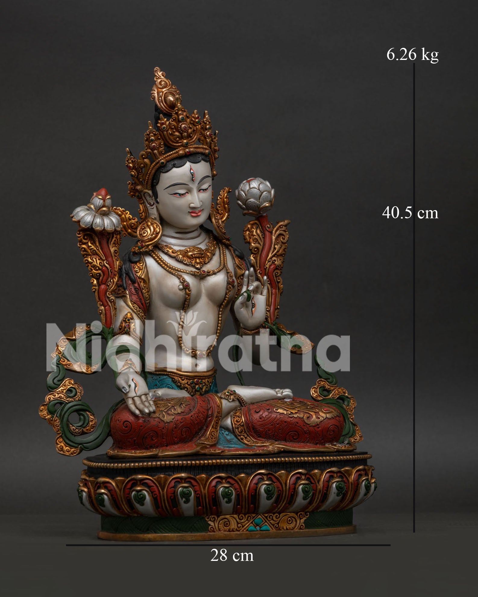White Tara Buddhist sculpture with seven eyes and vibrant acrylic finish