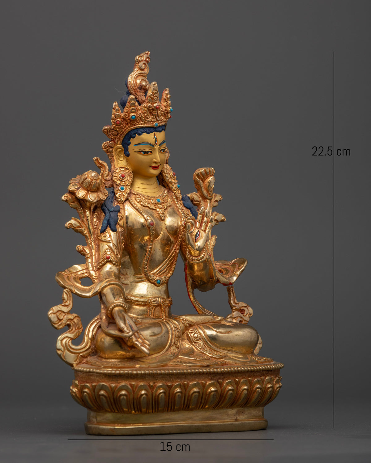 White Tara Buddhist statue with gold fire gilding and semi precious stones.