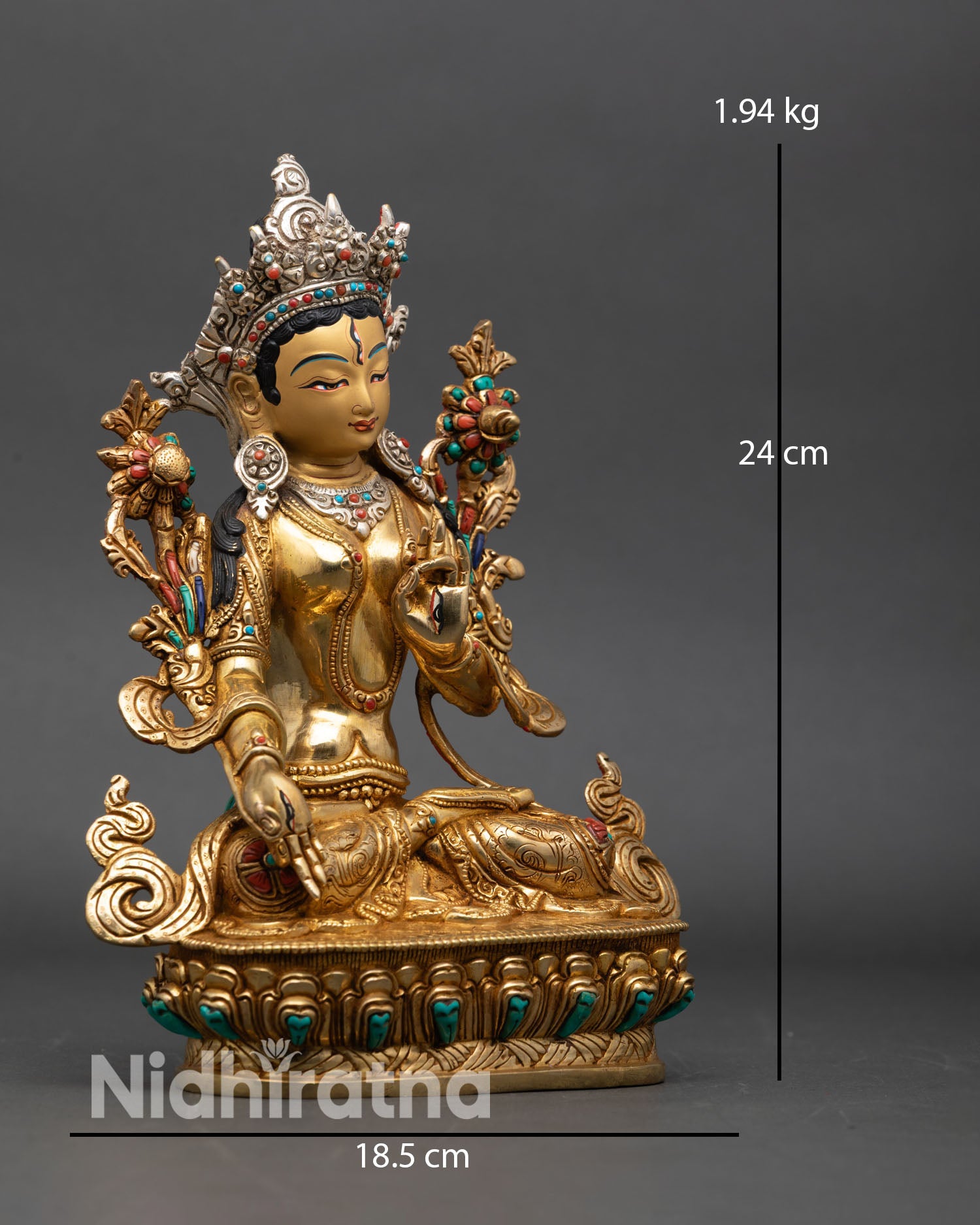 white tara right side view, nepalese statue with gold gilding and lotus seat
