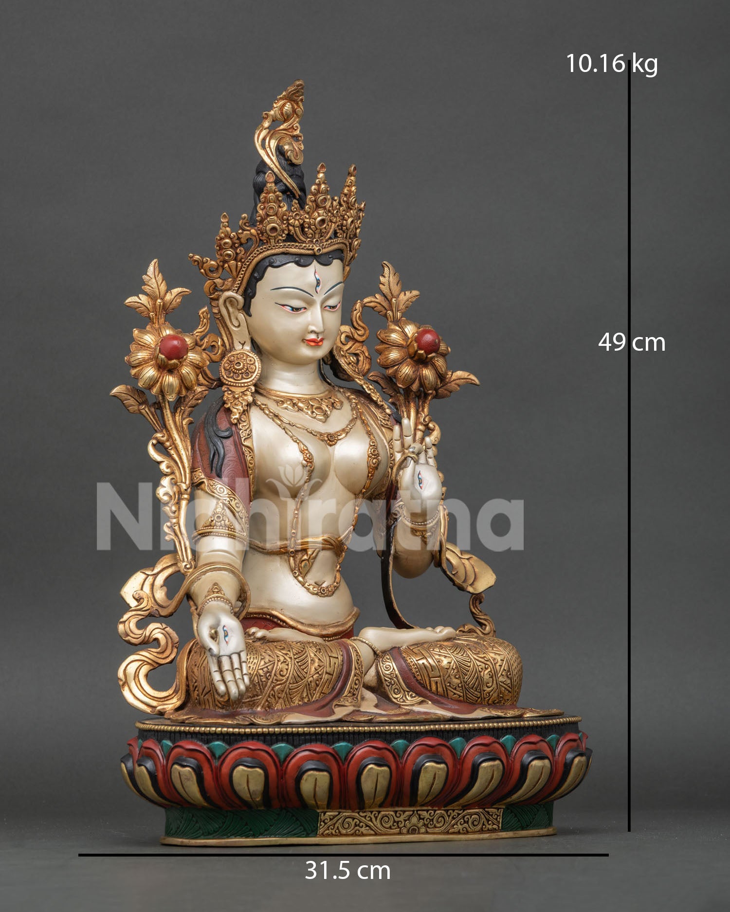 White Tara sculpture featuring premium acrylic colors, intricate craftsmanship, and symbols of longevity and wisdom.