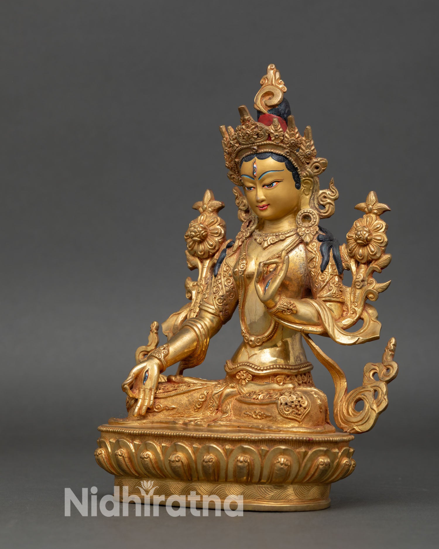 White Tara side view lotus posture healing deity meditation statue copper alloy spiritual home decor Nepali artisan craft