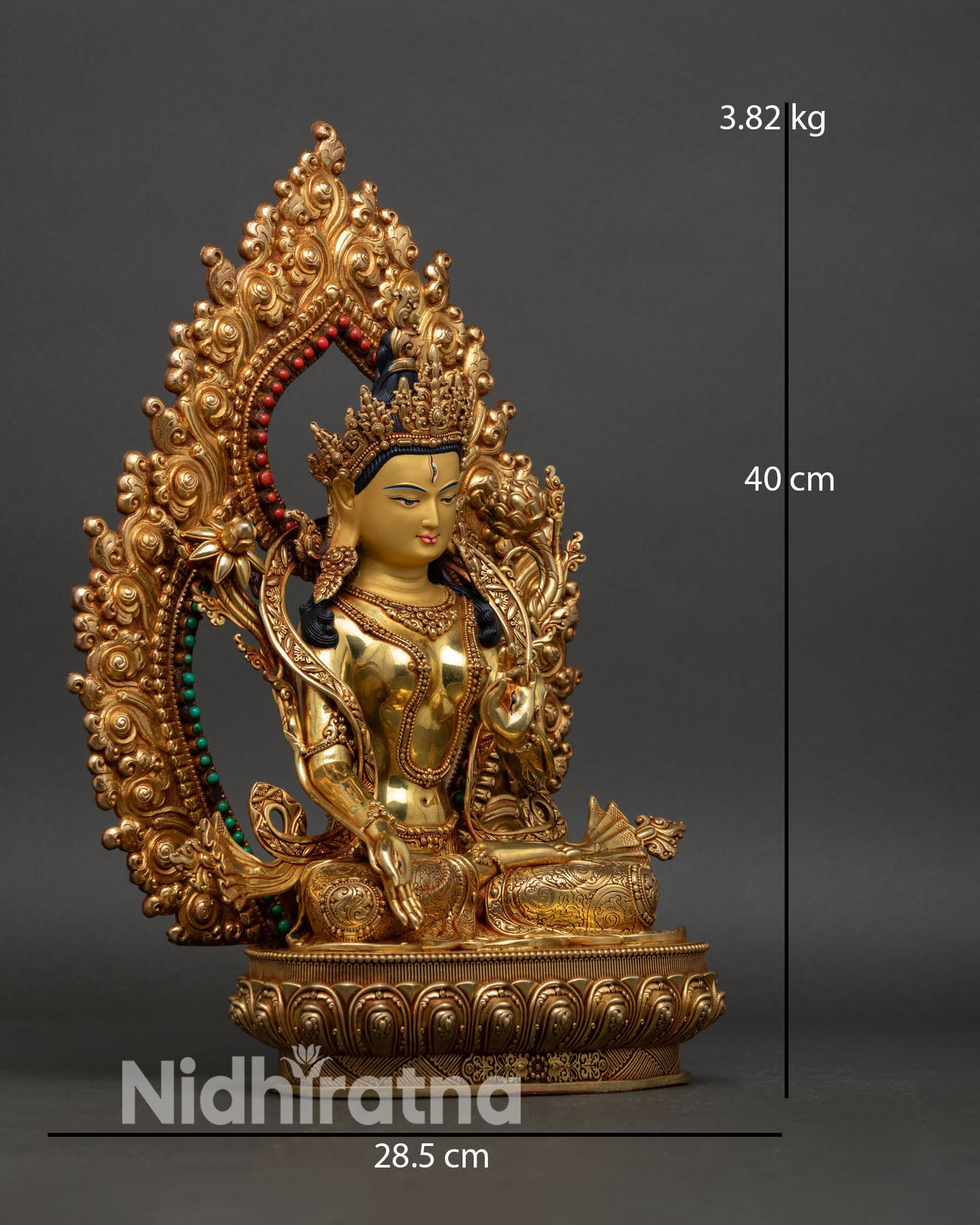 White Tara side view seated lotus posture 24K gold copper statue, Buddhist deity for home decor