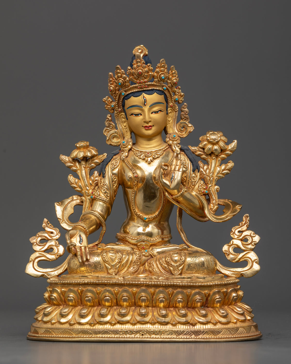 White Tara Statue 24K fire gilded copper with seven eyes and lotus pedestal