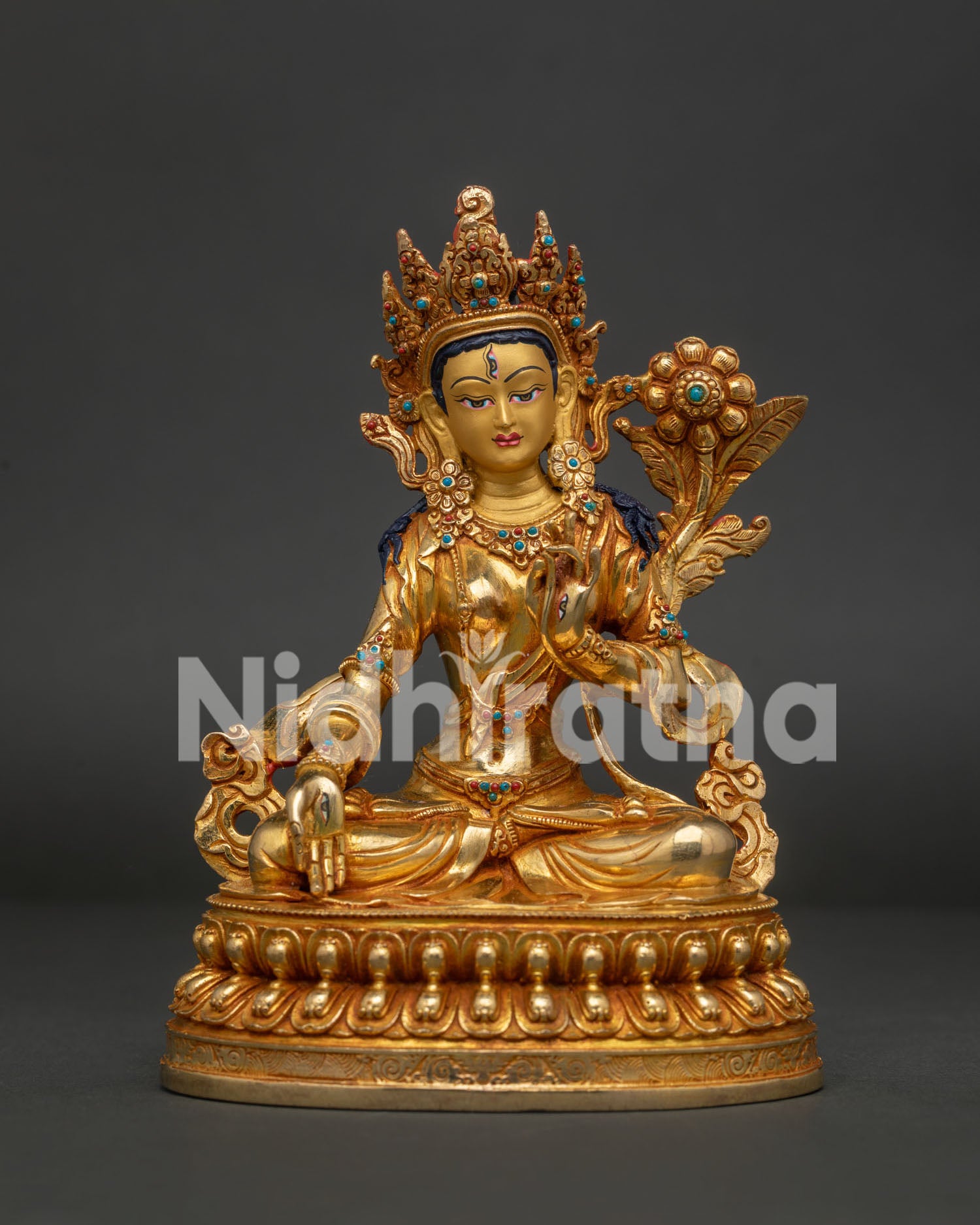 White Tara Statue 24K Gold Fire Gilded Copper Double Lotus Pedestal Front View.