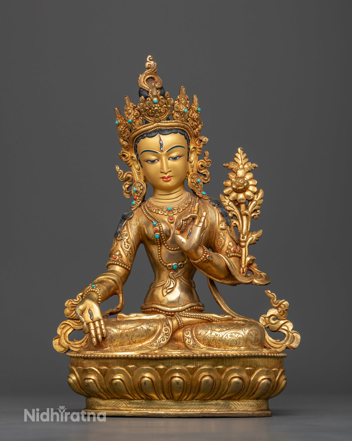White Tara Statue 24K Gold Gilded Copper with Semi Precious Stones