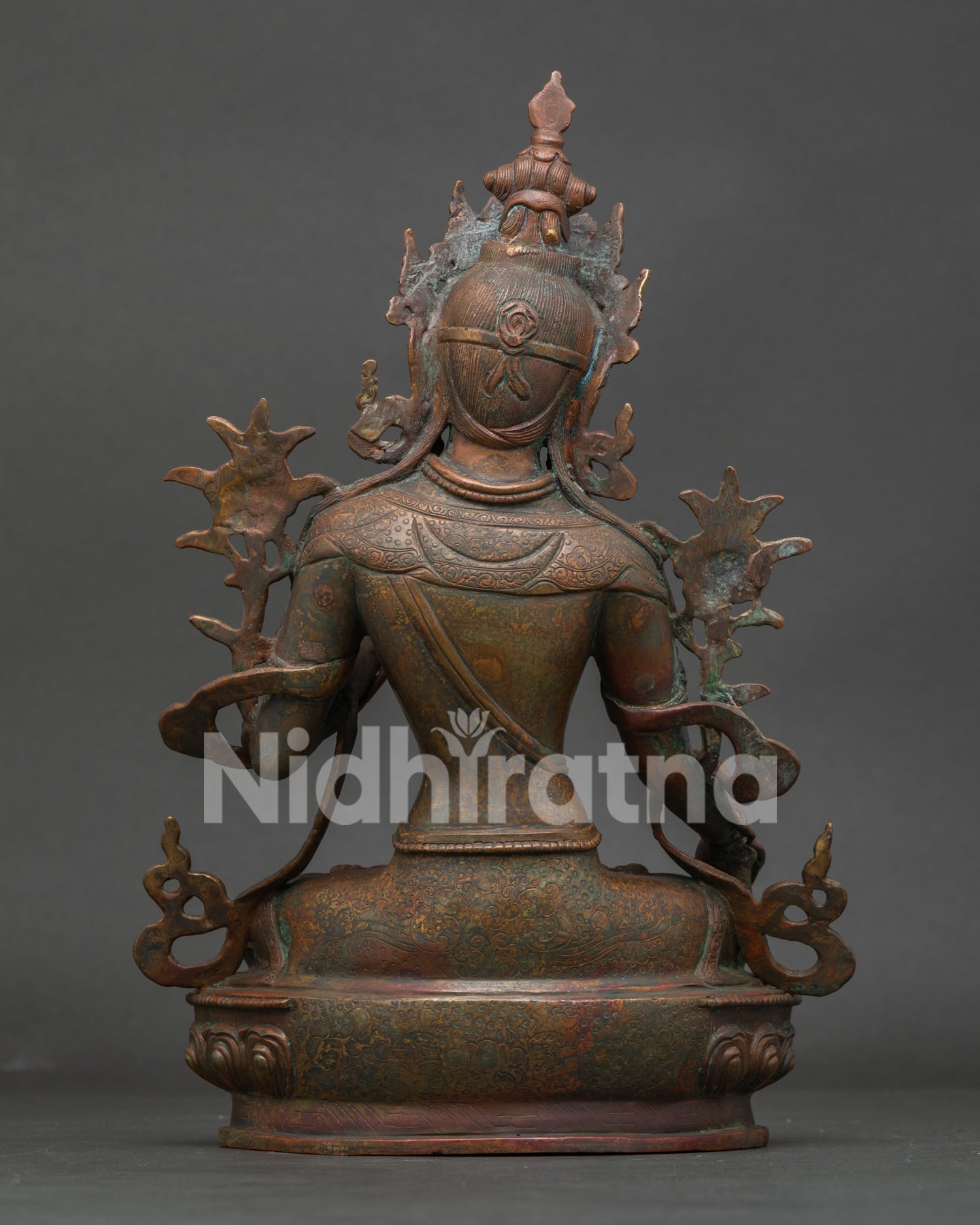 White Tara Statue Back View Oxidized Copper Himalayan Artwork.