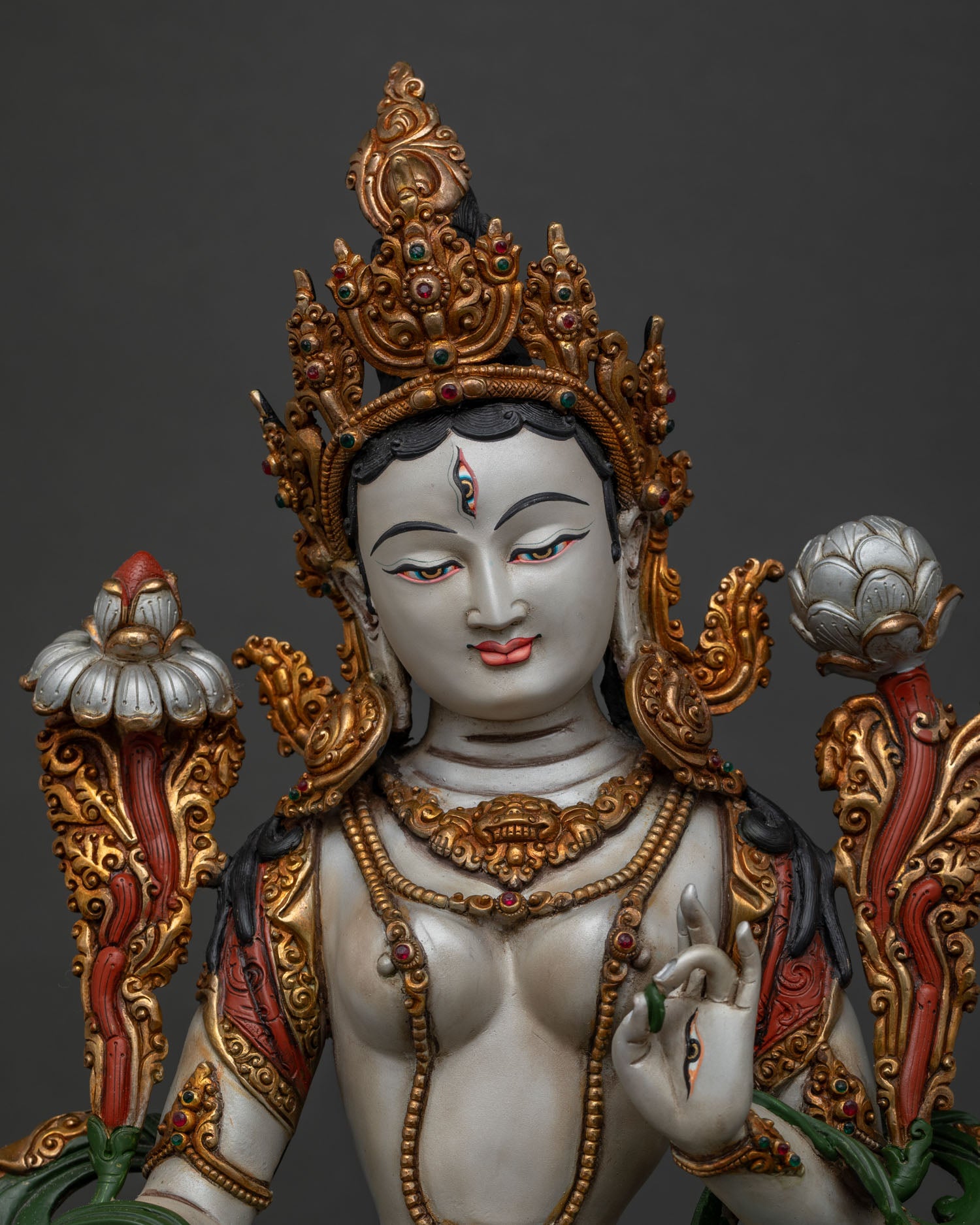 White Tara Statue by Newari artisans with lotus flowers and hand-painted details