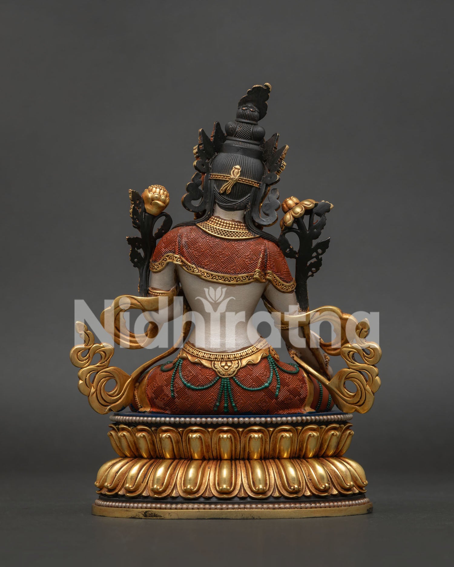 White Tara Statue detailed back view showing ornate robes, handcrafted details and fine copper and gold finishing
